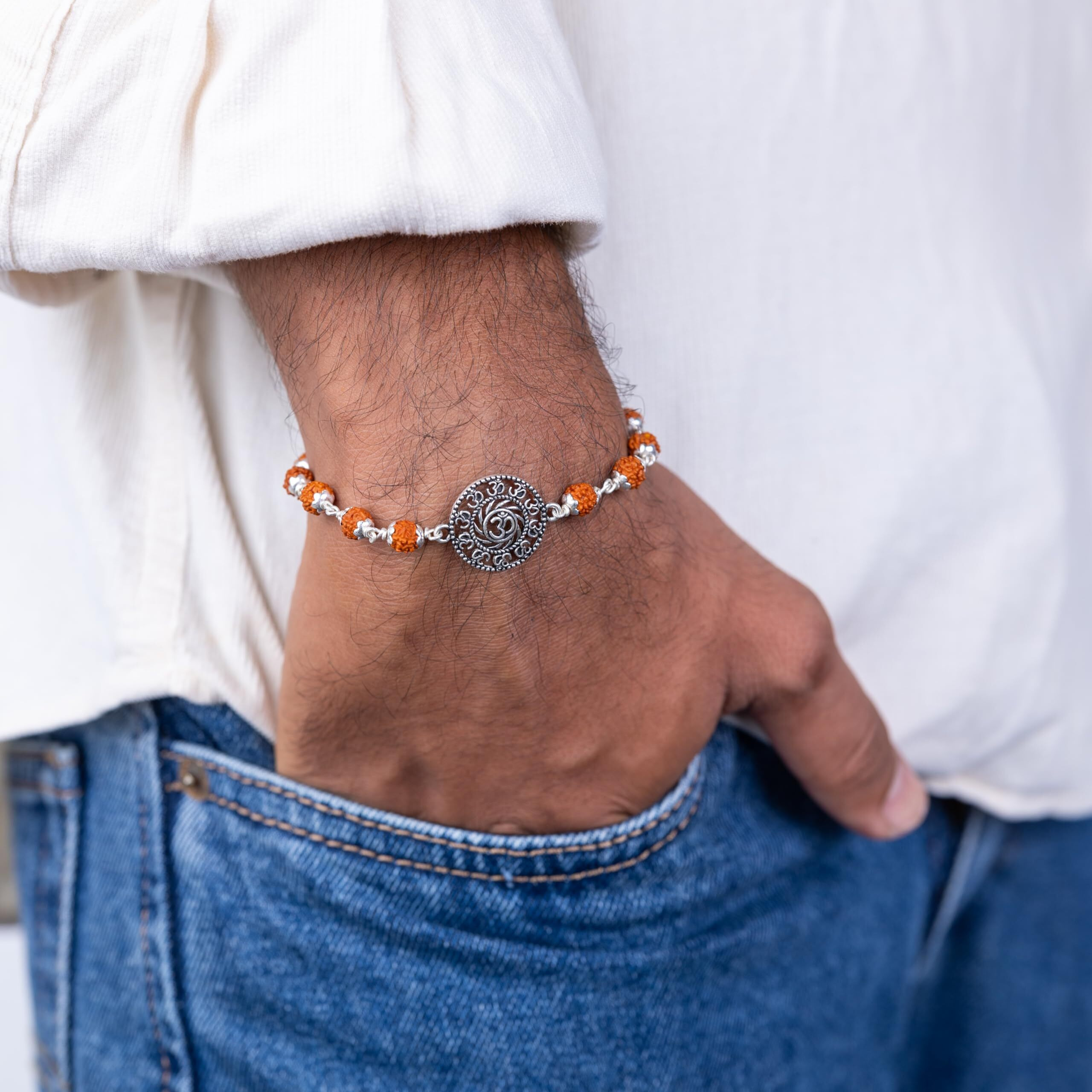 Hem Jewels Pure Silver Rudraksha Rakhi For Brother | Silver Bracelet For Boys And Men | Silver Bracelet Rakhi | Silver Rakhi For Brother | Design Universal Om Chant (Hjrkh-93)