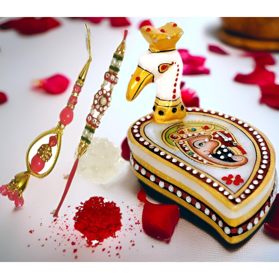 Purpledip Rakshabandhan Hamper For Bhaiya Bhabhi Peacock Design Marble Chopra, Rakhi For Bhai, Lumba Latkan For Bhabhi & Roli Chawal Tika (Rakhi4D)
