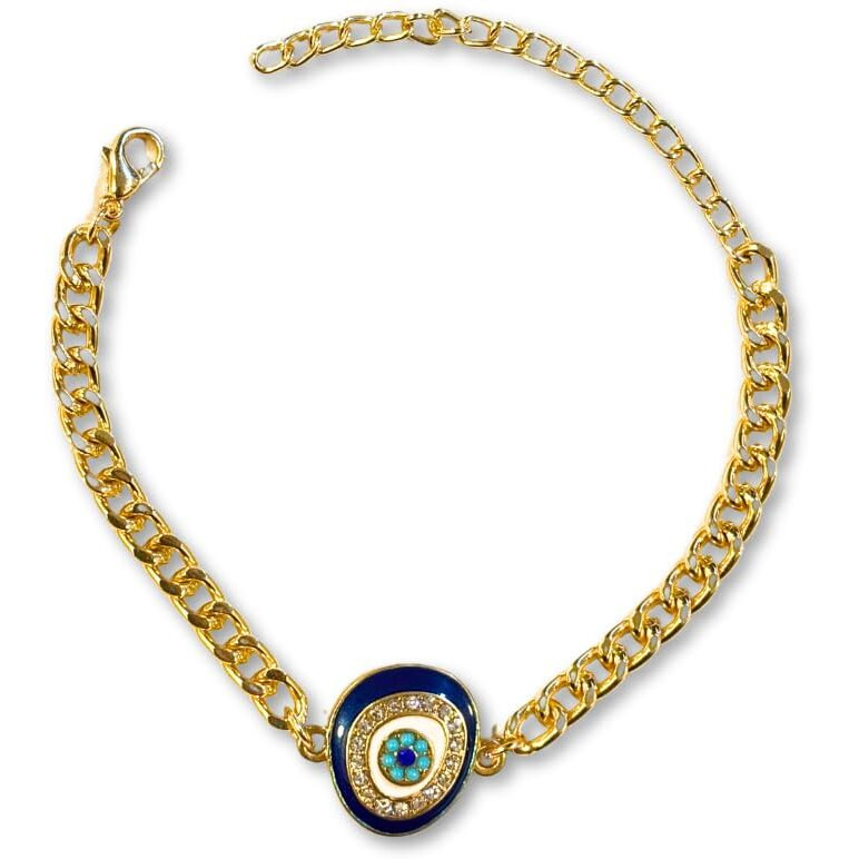 Pradhan Accessories Curvy Evil Eye Bracelet For Men & Women, Anti Tarnish, Diamond Studded, Gold Plated Jewellery, Minimal, Adjustable, Lightweight, Stylish Bracelet For Daily Use, Office Wear