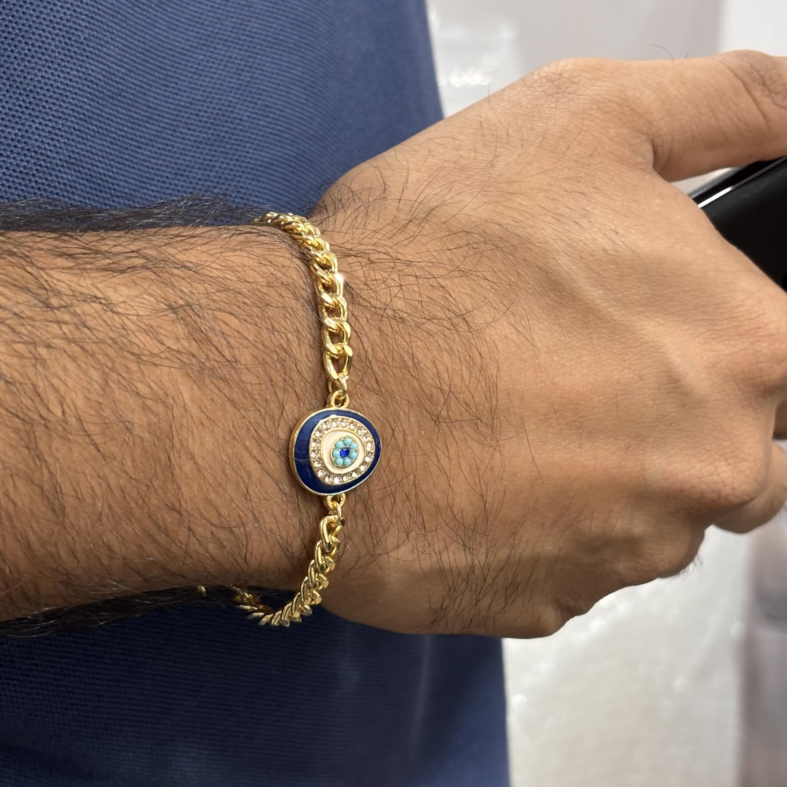 Pradhan Accessories Curvy Evil Eye Bracelet For Men & Women, Anti Tarnish, Diamond Studded, Gold Plated Jewellery, Minimal, Adjustable, Lightweight, Stylish Bracelet For Daily Use, Office Wear