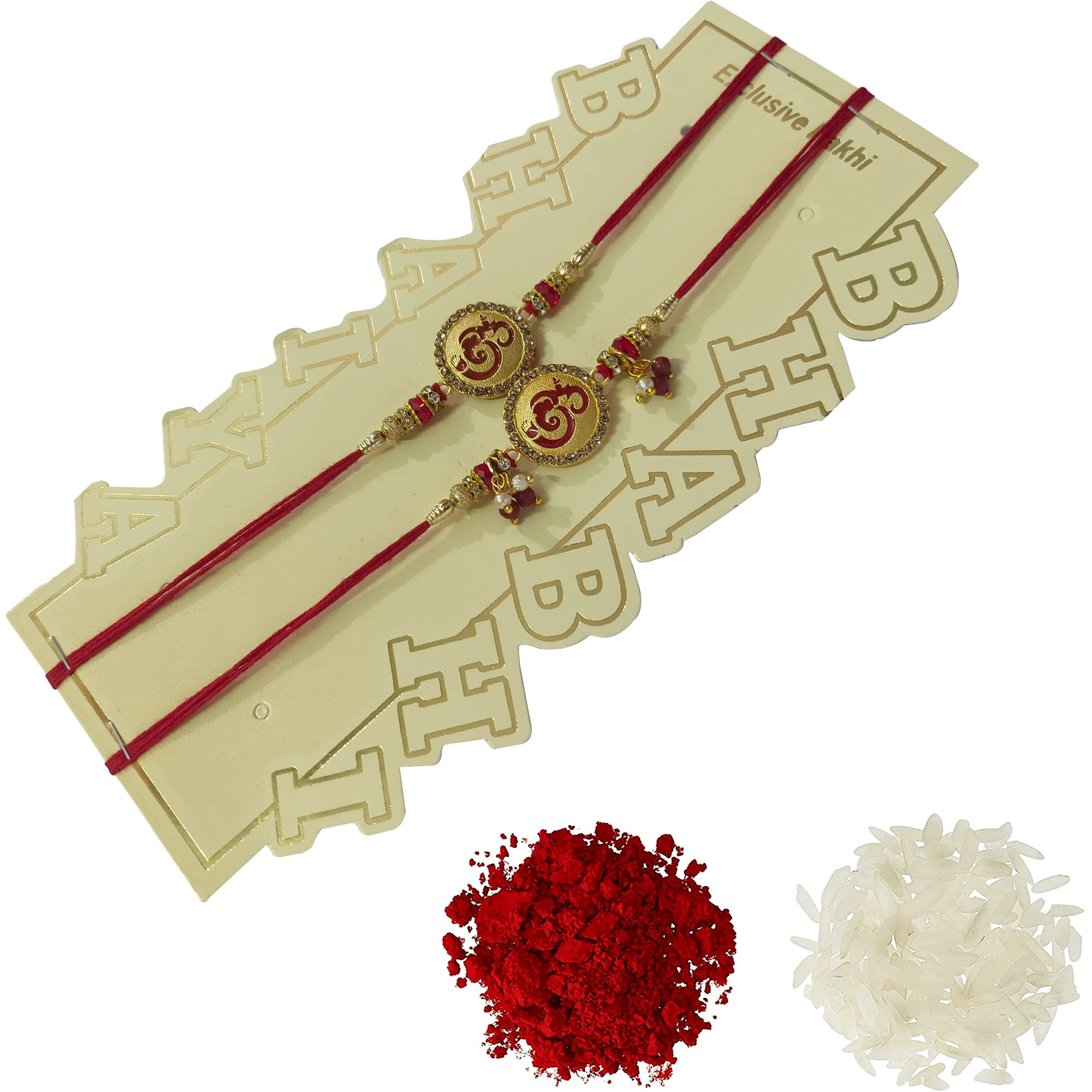 Abhishek Exclusive Designer Om Rakhi For Your Bhaiya Bhabhi Set And Roli-Chawal Pack
