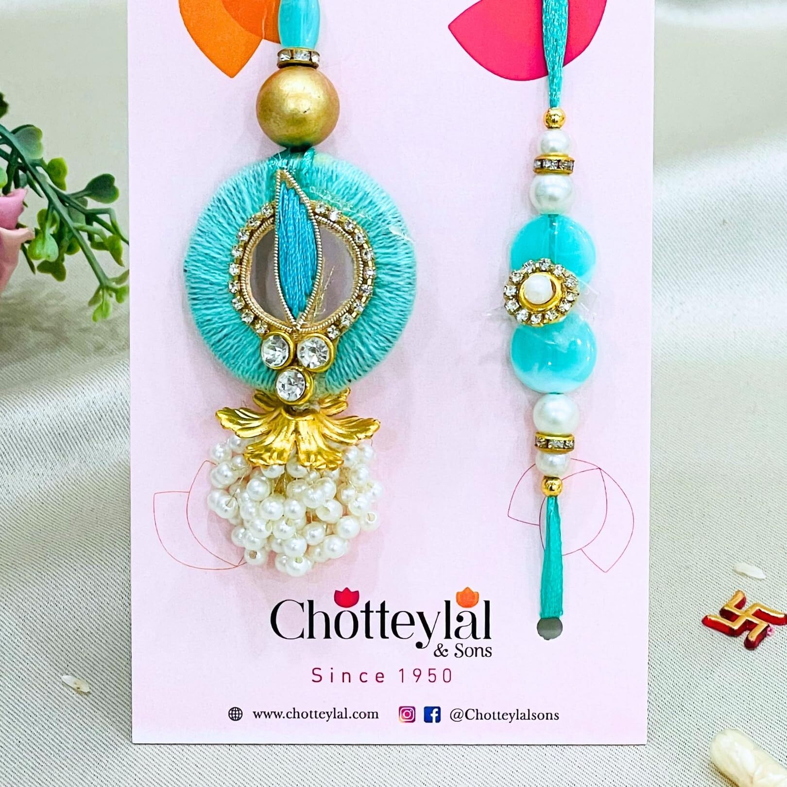 Chottey Lal And Sons Rakshabandhan Bhaiya Bhabhi Couple Rakhi With Roli Chawal || Traditional Colorful Thread Floral Lumba Rakhi For Bhabhi (Set Of 2) Prk100399