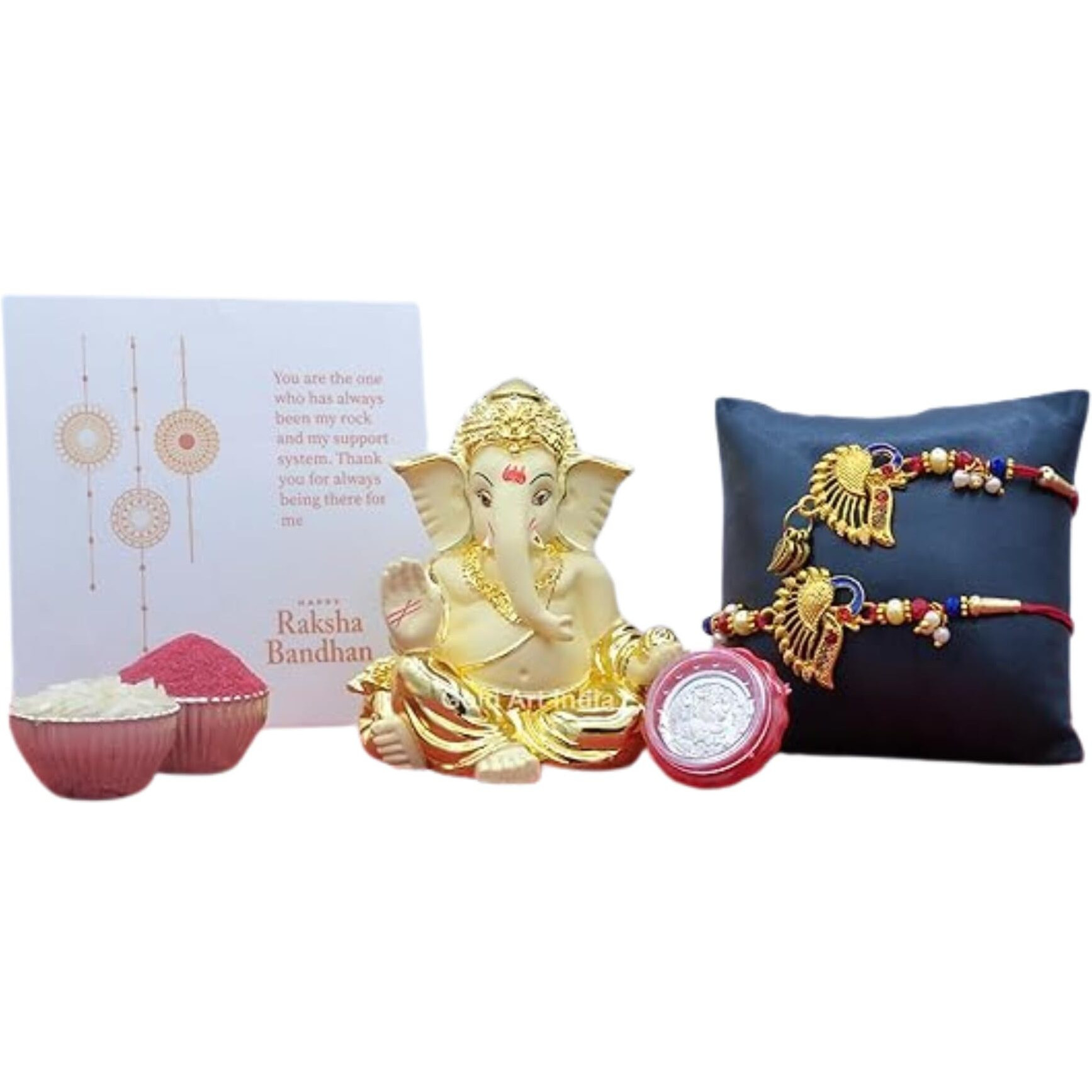 Gold Art India Gaddi Ganesha Idol Combo With Free Peacock Rakhi & Lumba Set, Roli Chawal, Silver Plated Coin, And Gift Card - Perfect Raksha Bandhan Gift