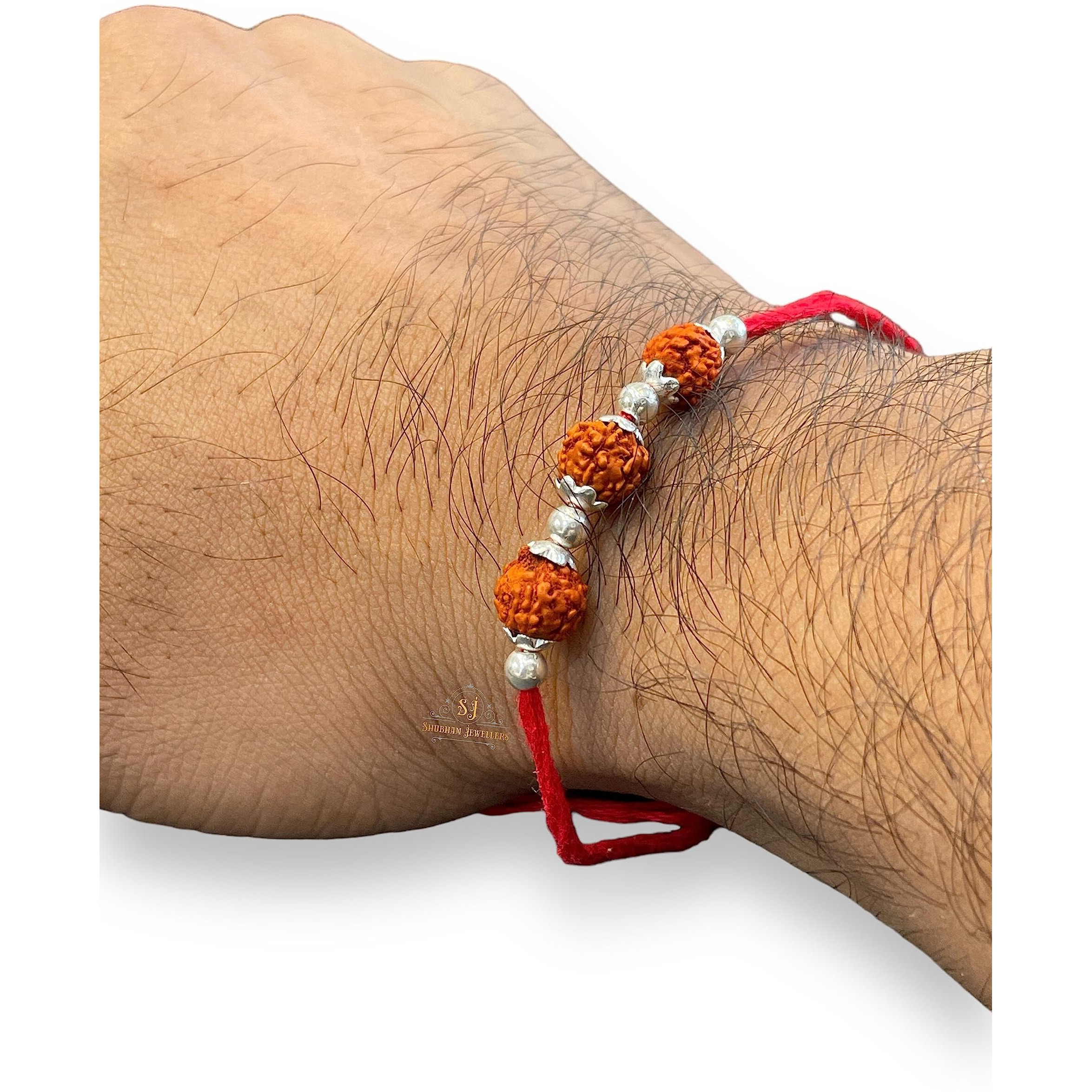 Sj Shubham Jewellers 925 Sterling Silver Rakhi For Brother Rudraksha Rakhi Bracelet Raksha Bandhan Pure Cotton For Men, Boys, Kids Rakhi With Roli Chawal (Rudraksha Three)