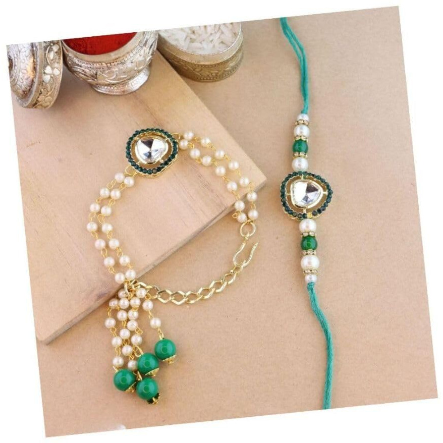 I Jewels Mens Kundan & Pearl Bhaiya Bhabhi Lumba Rakhi Combo Set With Roli Chawal And Rakshabandhan Card (R109G-Co)