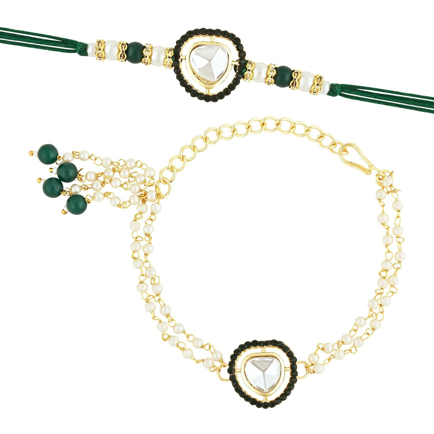 I Jewels Mens Kundan & Pearl Bhaiya Bhabhi Lumba Rakhi Combo Set With Roli Chawal And Rakshabandhan Card (R109G-Co)