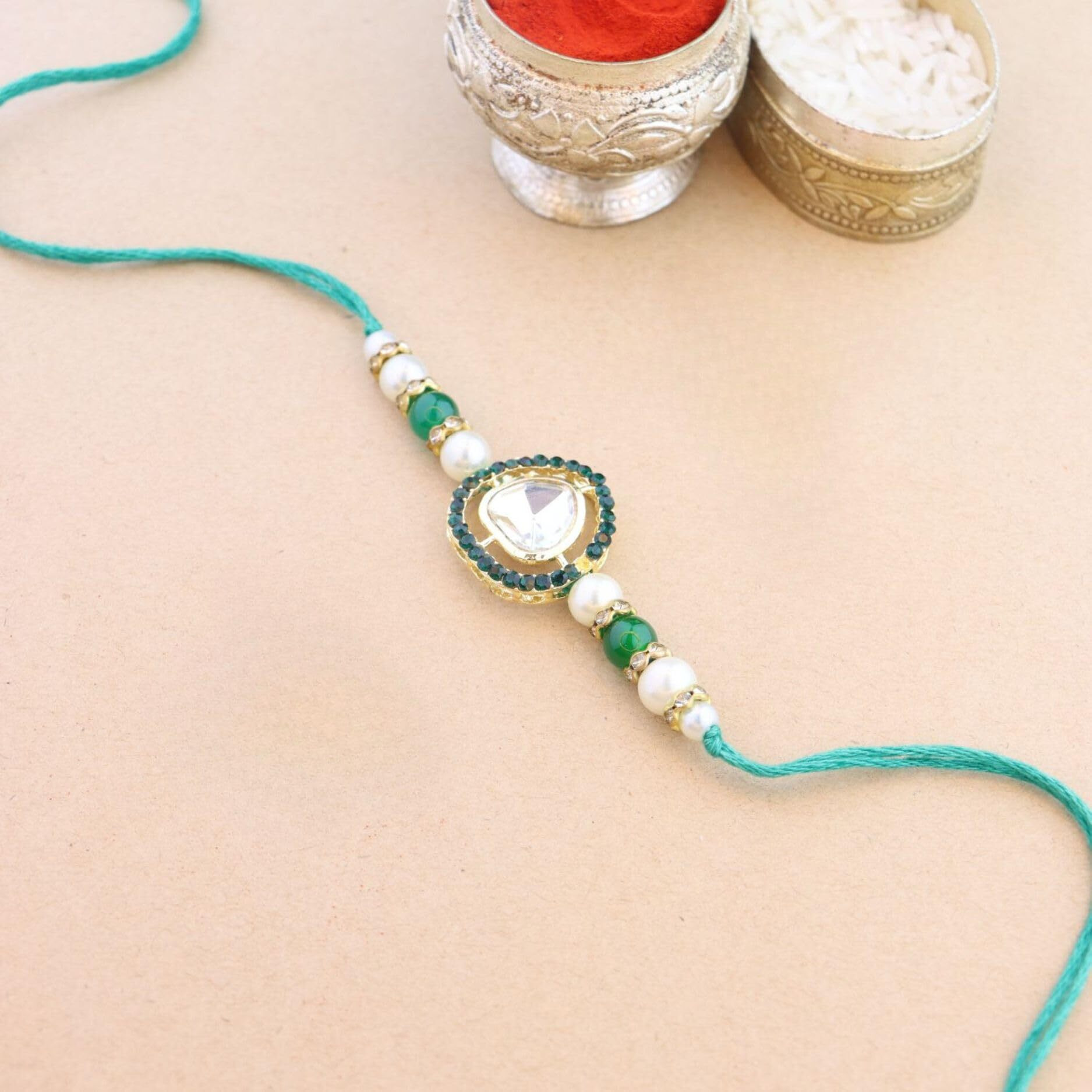 I Jewels Mens Kundan & Pearl Bhaiya Bhabhi Lumba Rakhi Combo Set With Roli Chawal And Rakshabandhan Card (R109G-Co)