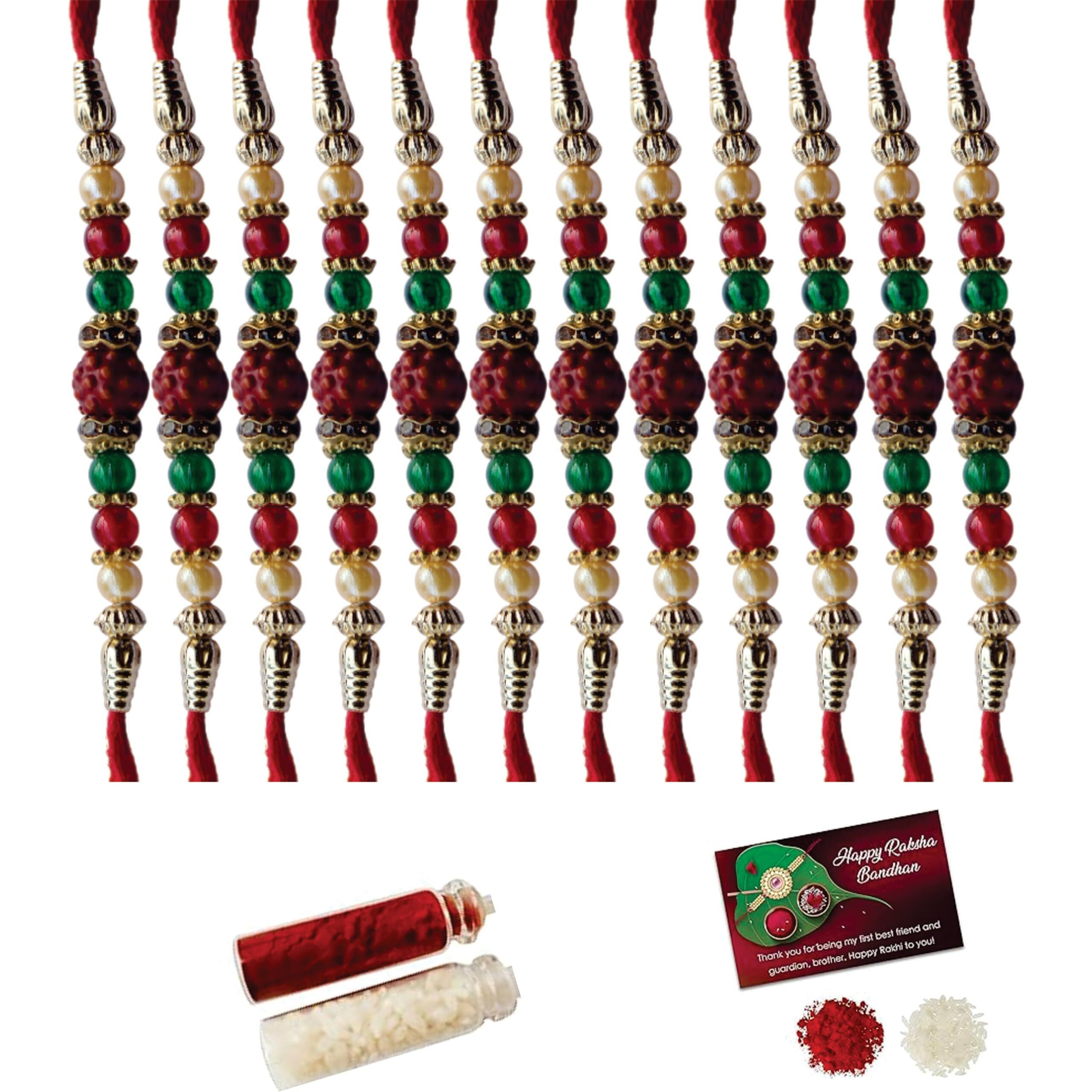 Kartik Rakhi For Brother & Bhabhi Set Of 12 Piece With Roli Chawal Bottles & Greeting Card