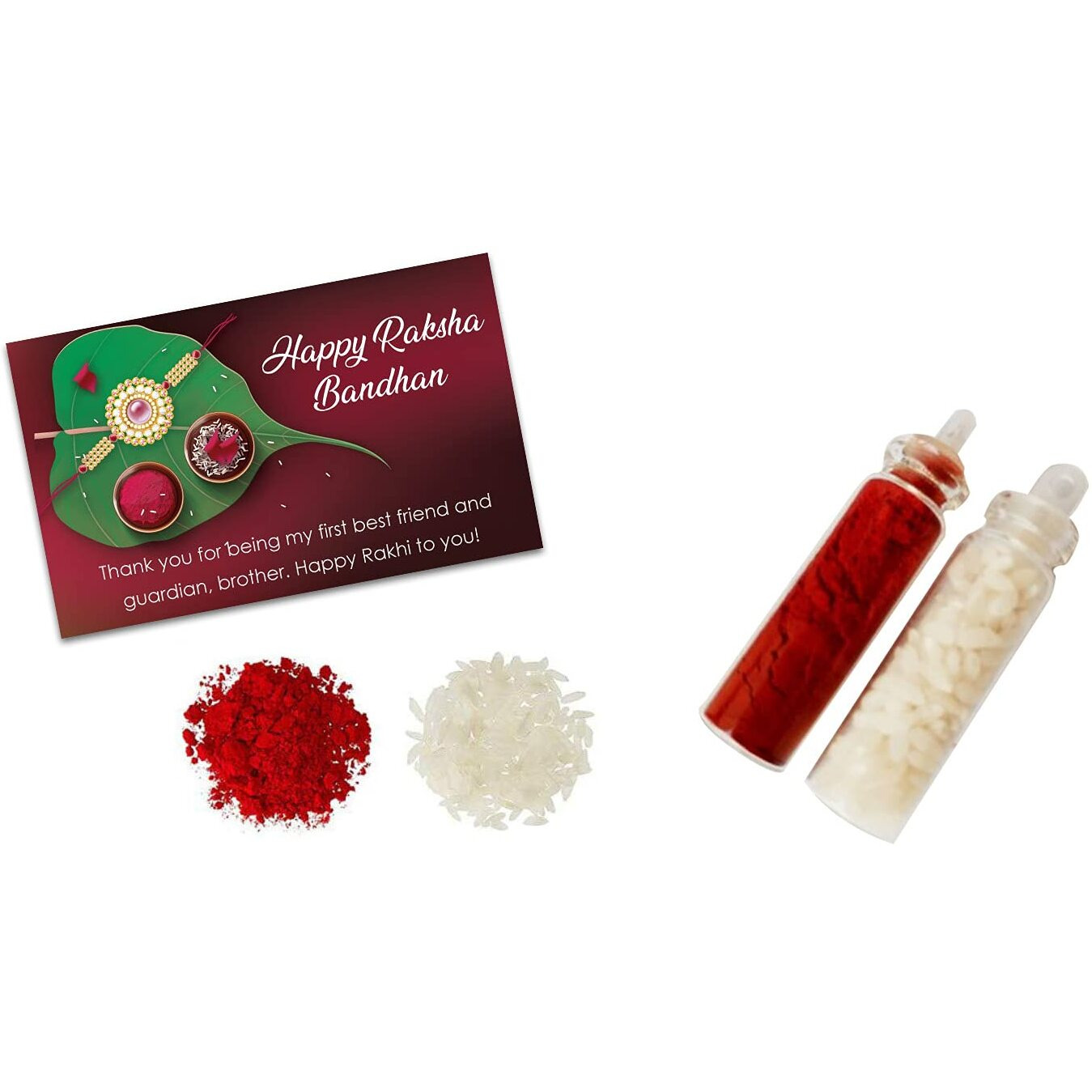 Kartik Rakhi For Brother & Bhabhi Set Of 12 Piece With Roli Chawal Bottles & Greeting Card