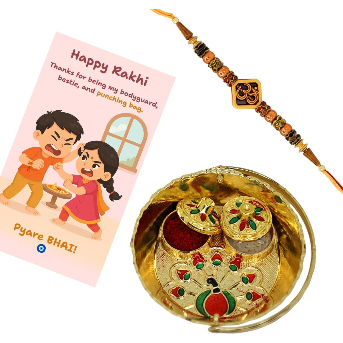 Jwella Om Rakhi With Quirky Raksha Bandhan Card, Kumkum & Decorative Pooja Thali (10Cm)| Spiritual Rakhi Gift Set For Brother | Traditional Combo For Bhai