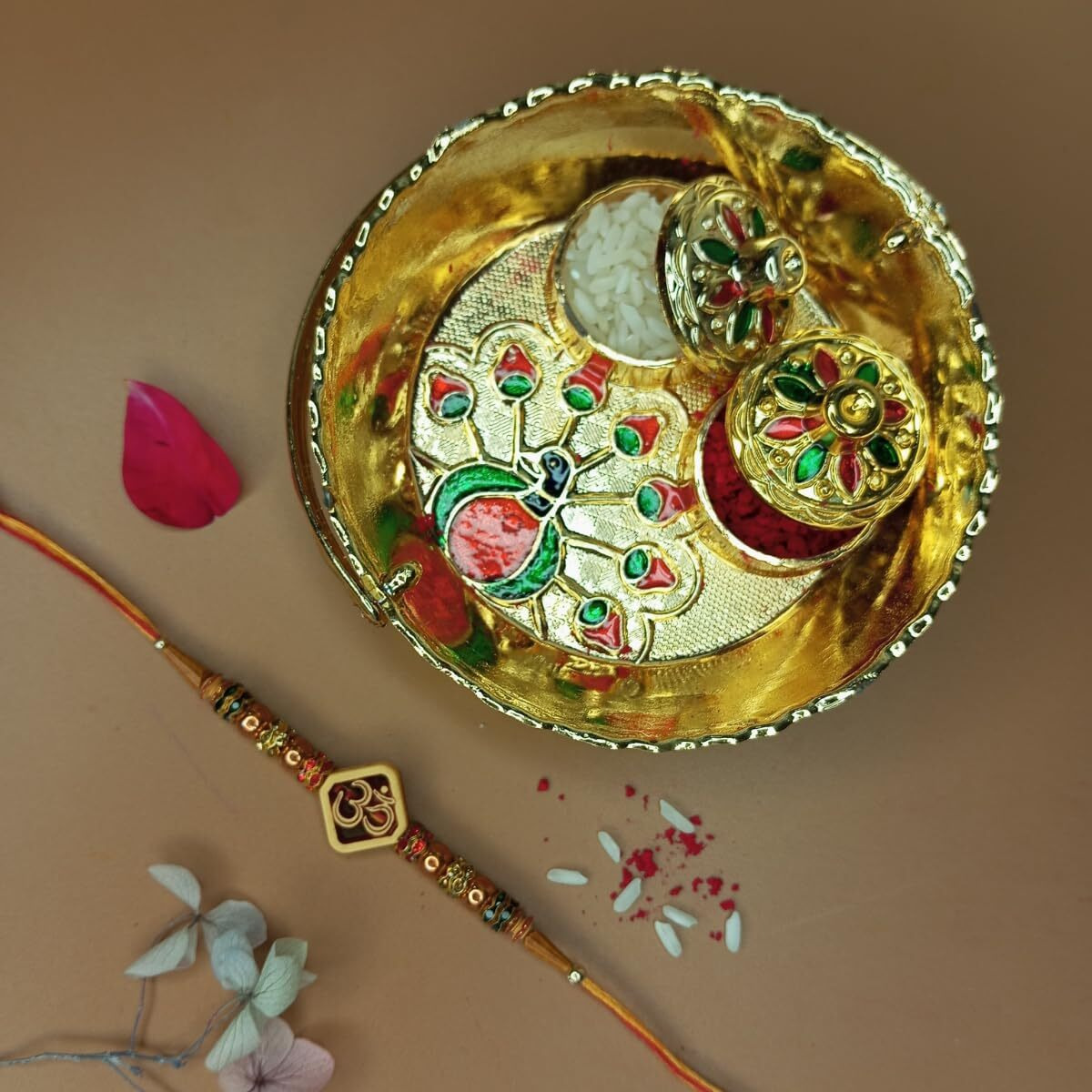 Jwella Om Rakhi With Quirky Raksha Bandhan Card, Kumkum & Decorative Pooja Thali (10Cm)| Spiritual Rakhi Gift Set For Brother | Traditional Combo For Bhai