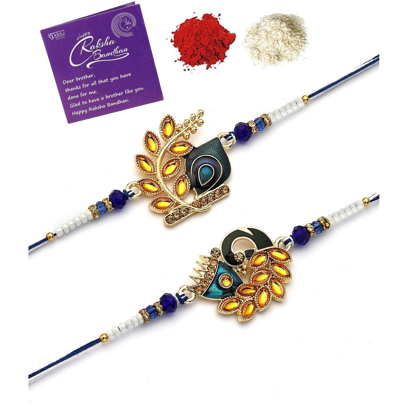 Sukkhi Rakhi Peacock Stylish Green Meenakari Handwork With Gold Plated Kundan Rakhi For Brother With Roli Chawal & Greeting Cards|Set Of 2|Cbrak107438