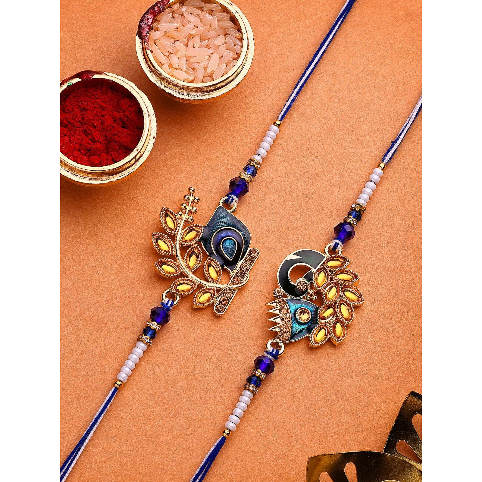Sukkhi Rakhi Peacock Stylish Green Meenakari Handwork With Gold Plated Kundan Rakhi For Brother With Roli Chawal & Greeting Cards|Set Of 2|Cbrak107438
