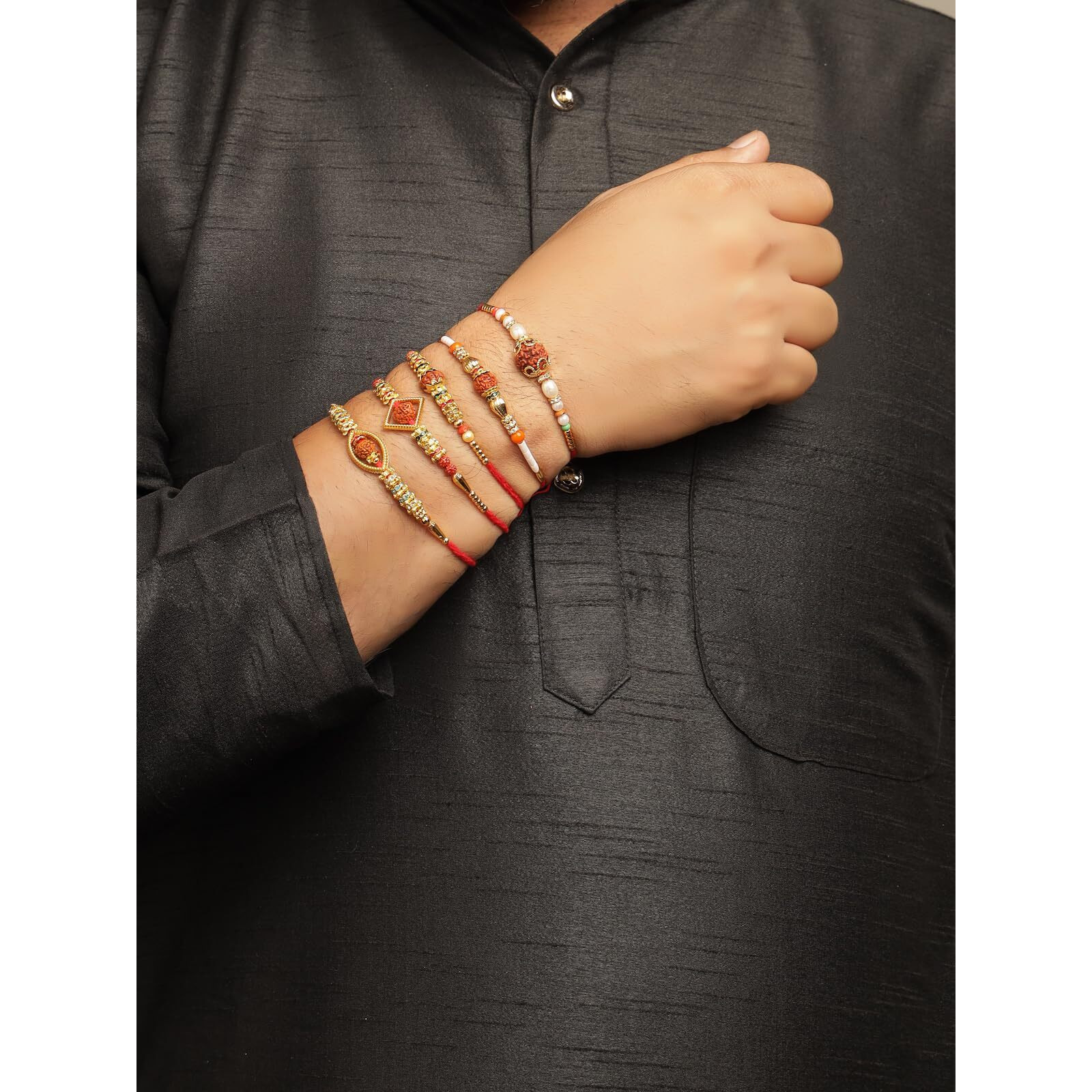 Sukkhi Rakhi Classic Gold Plated With Ad Stones & Pearls Rudraksha Rakshabandhan Combo Rakhi For Brother With Roli Chawal & Greeting Card|Set Of 5|Cbrak107451