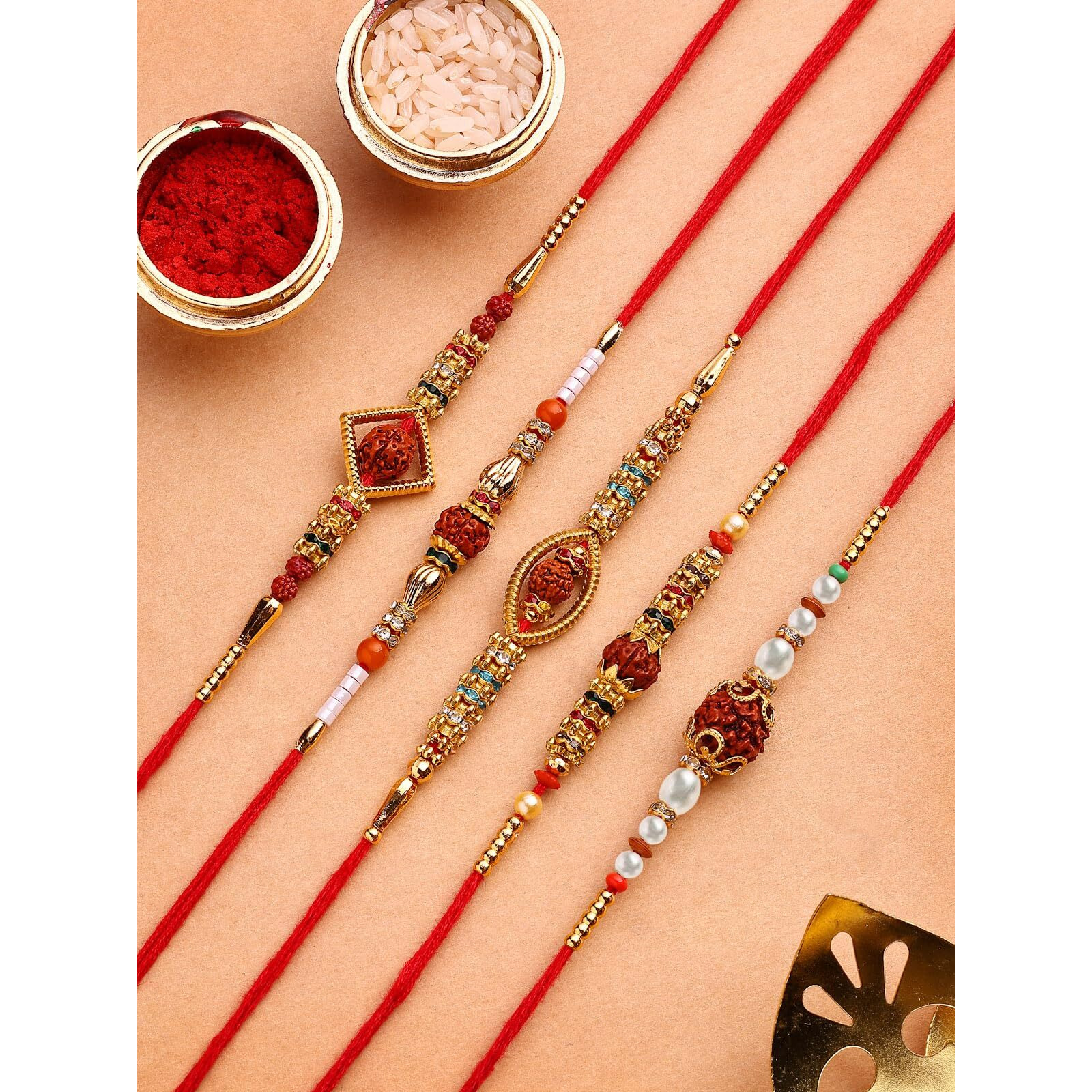 Sukkhi Rakhi Classic Gold Plated With Ad Stones & Pearls Rudraksha Rakshabandhan Combo Rakhi For Brother With Roli Chawal & Greeting Card|Set Of 5|Cbrak107451