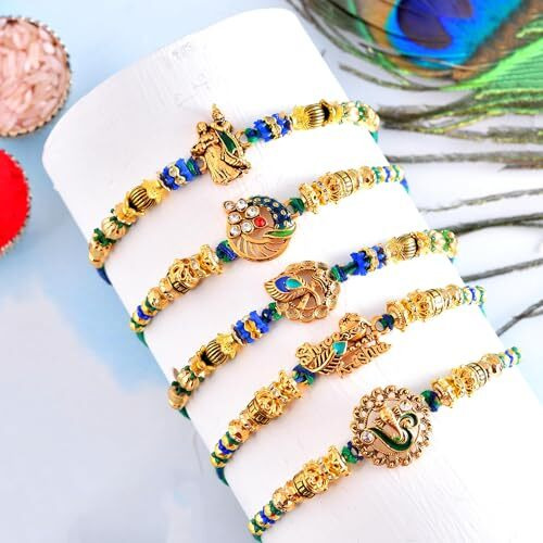 Craftvatika Rakhi Set Of 5 For Brother Bhaiya Bhai Kids, Radhe Krishna Rakhi For Brother, Om Ganesha Rakhi, Rakhis For Rakshabandhan, Rakhi Set For Brother With Card, Ganesh Ji Rakhis Combo For Boy Men Girls
