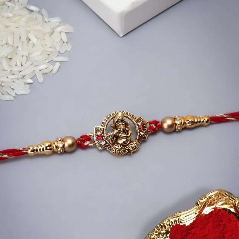 Purple Tree Beautiful Stone Studded Ganesha Rakhi For Brother With Roli Chawal And Card