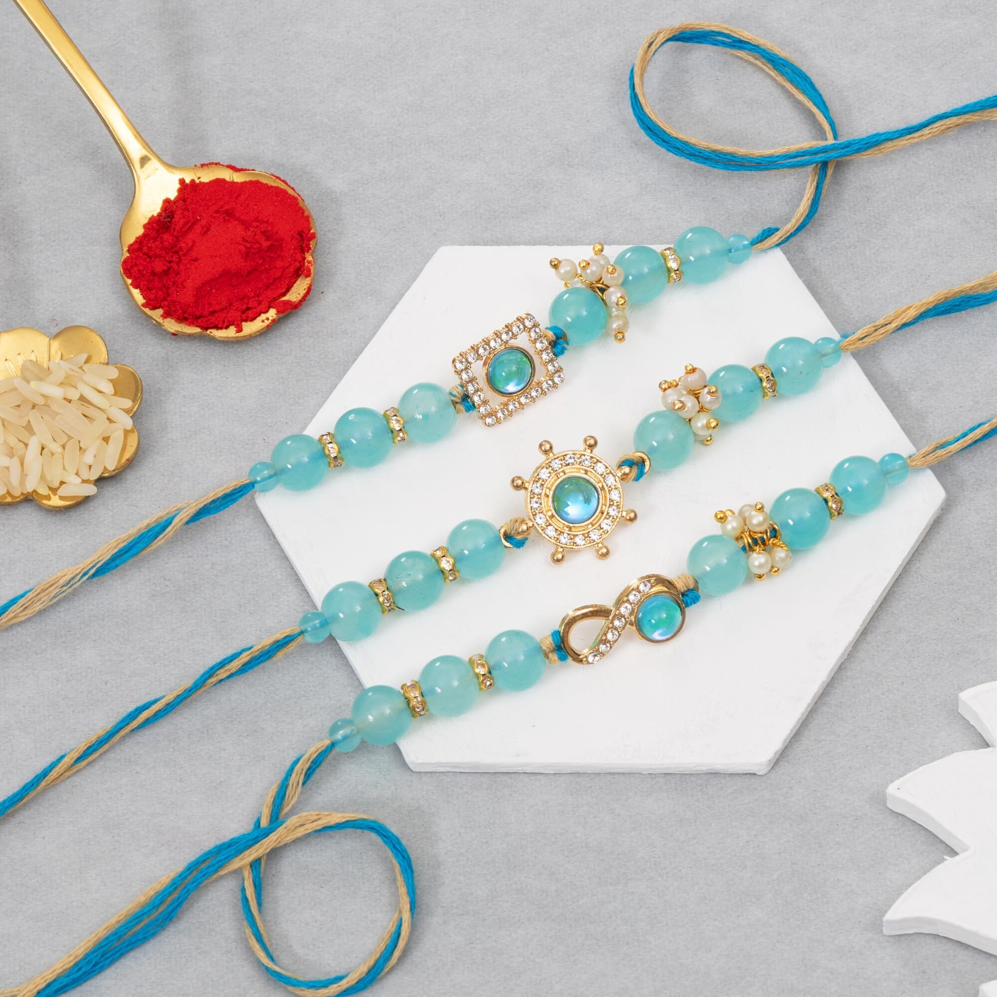 To The Nines Mens Rakhi For Brother - Pack Of 3 Rakhi With Tilak Material And Greeting Card