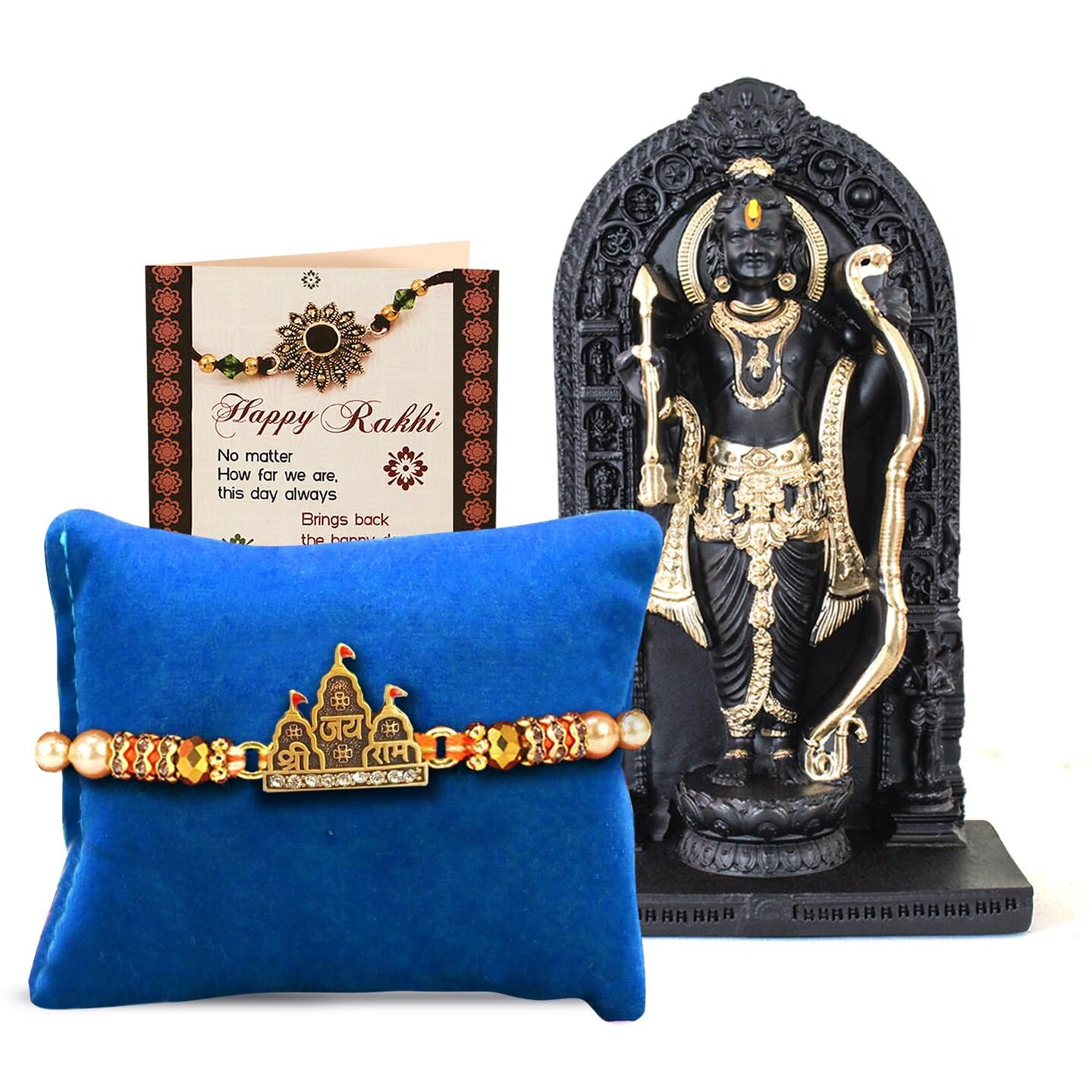 Tied Ribbons Rakhi For Brother With Gift Combo - Premium Rakhi With Ram Lalla Idol Statue And Mini Greeting Card- Raksha Bandhan Gift For Brother Bhaiya Men, Fantasy, 10 Cm, 12 Cm, Black, Gold
