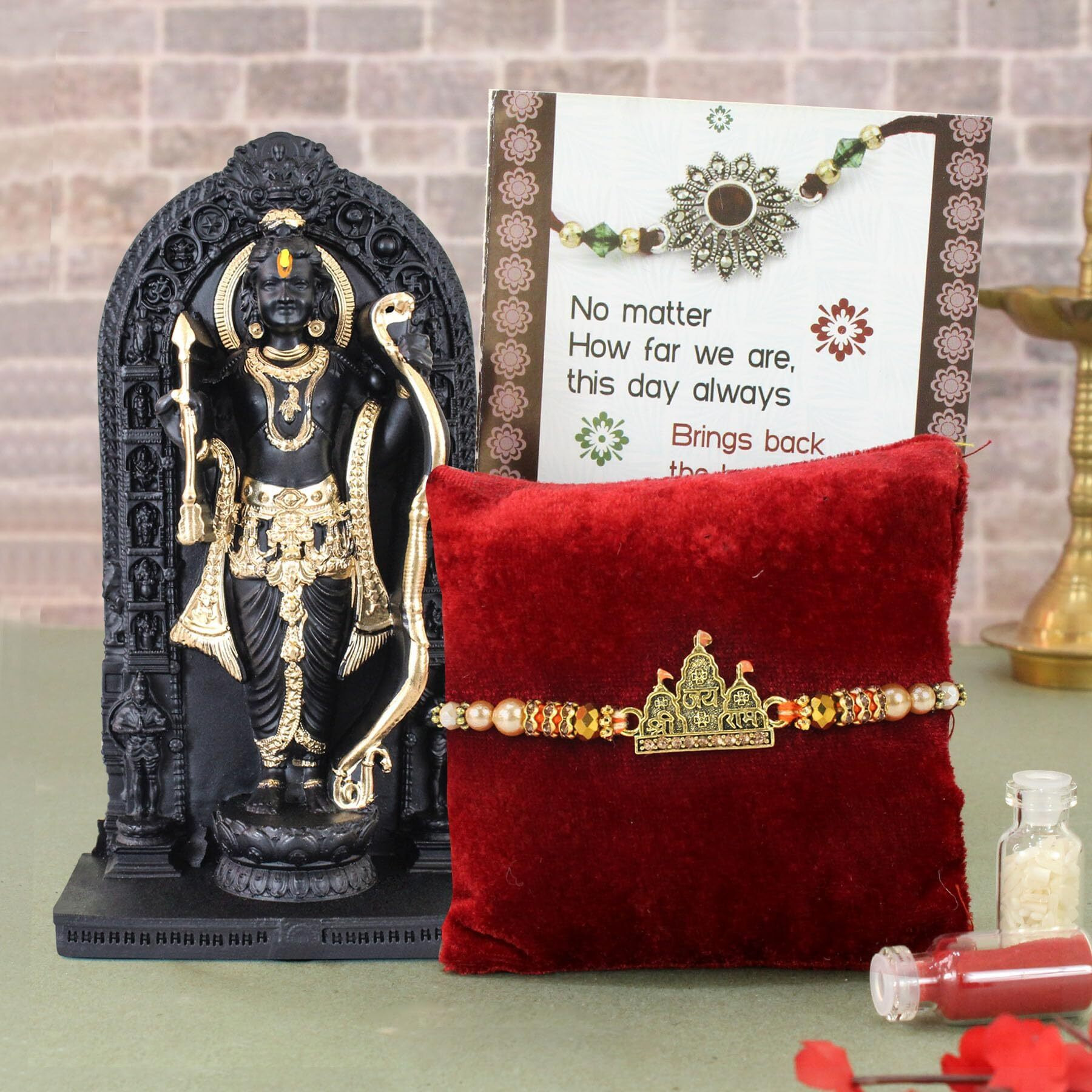 Tied Ribbons Rakhi For Brother With Gift Combo - Premium Rakhi With Ram Lalla Idol Statue And Mini Greeting Card- Raksha Bandhan Gift For Brother Bhaiya Men, Fantasy, 10 Cm, 12 Cm, Black, Gold