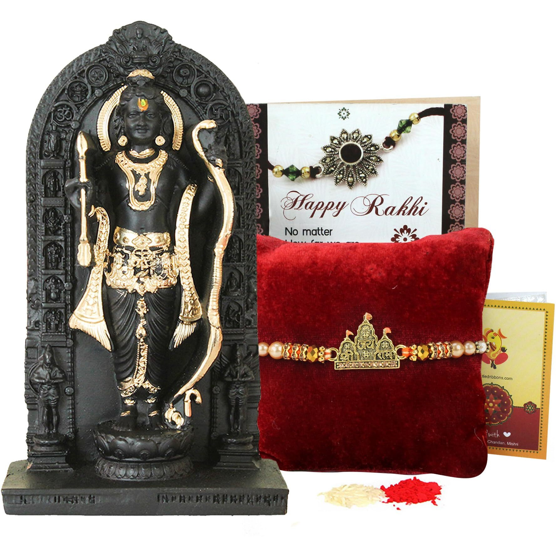 Tied Ribbons Rakhi For Brother With Gift Combo - Premium Rakhi With Ram Lalla Idol Statue And Mini Greeting Card- Raksha Bandhan Gift For Brother Bhaiya Men, Fantasy, 10 Cm, 12 Cm, Black, Gold