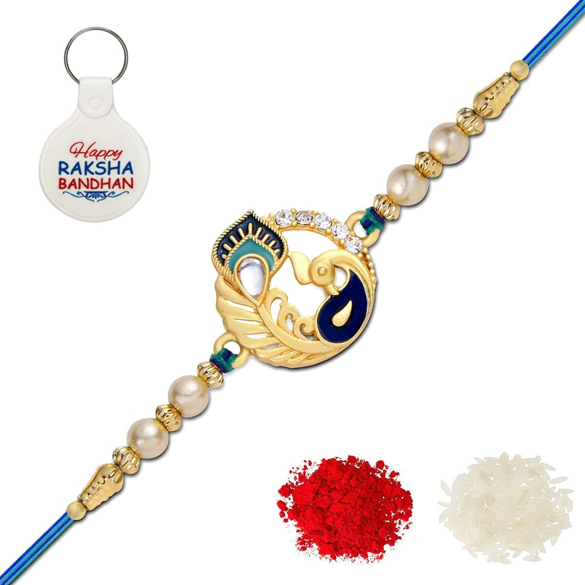 Riddhika Ventures Ritzy Gold Plated Meenakari Peacock Rakhi With Roli Chawal, Greeting Card And And One Motivational Keychain (P1K)