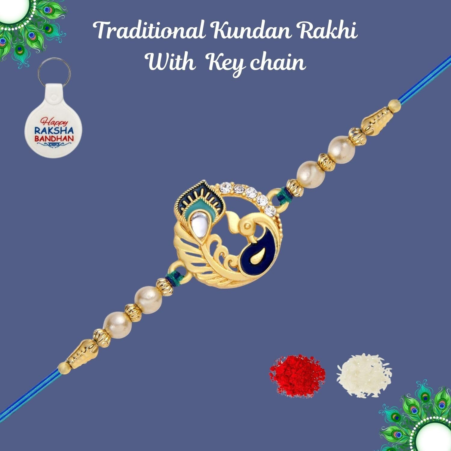 Riddhika Ventures Ritzy Gold Plated Meenakari Peacock Rakhi With Roli Chawal, Greeting Card And And One Motivational Keychain (P1K)