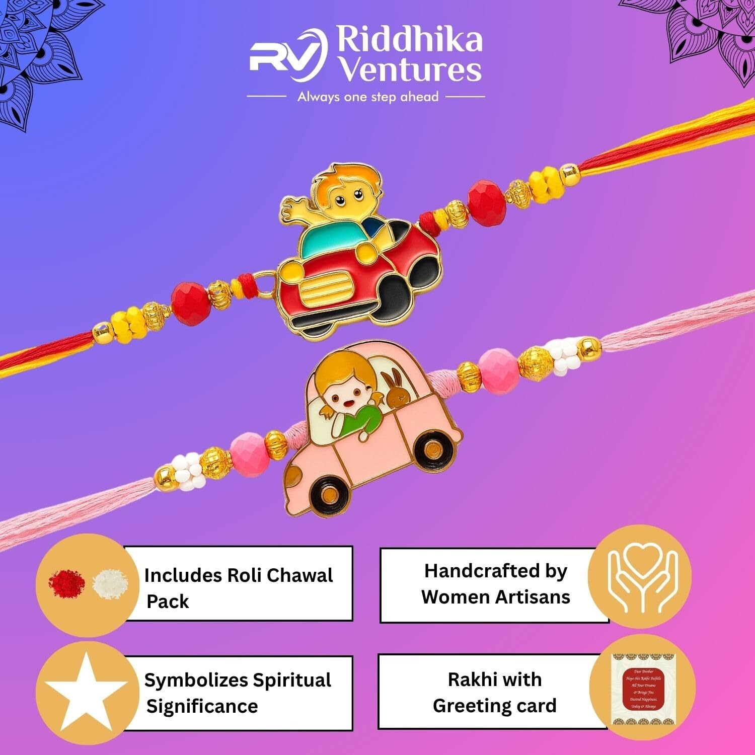 Riddhika Ventures Stylish Meenakari Red And Pink Kids Rakhi (Set Of 2) Gifts For Brother, Sister With Roli Chawal And Greeting Card (P18P19)