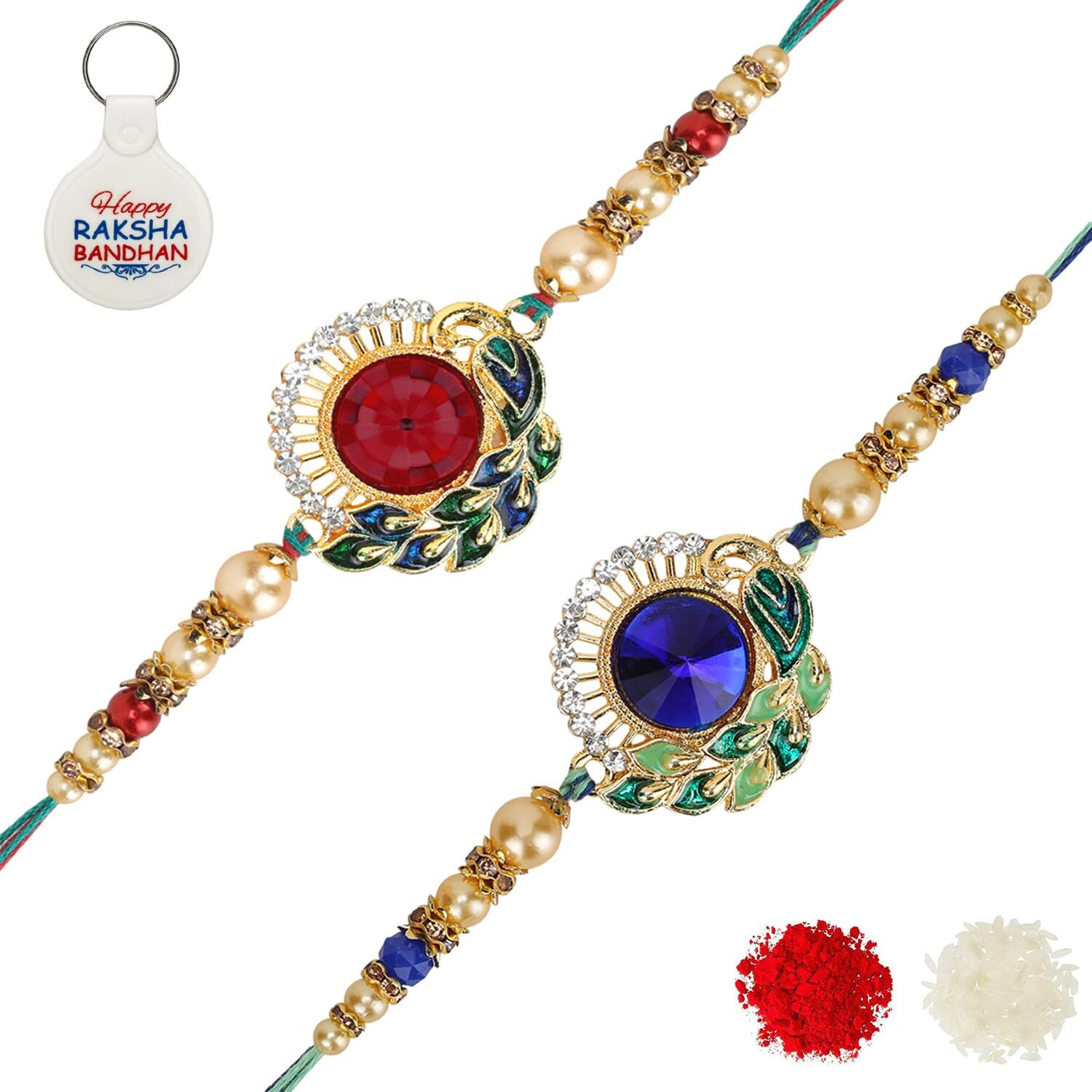 Riddhika Ventures Stylish Kundan And Ad Ring Rakhi (Set Of 2) (Bracelet) With Roli Chawal, Greeting Card And And One Motivational Keychain (K12K13K)