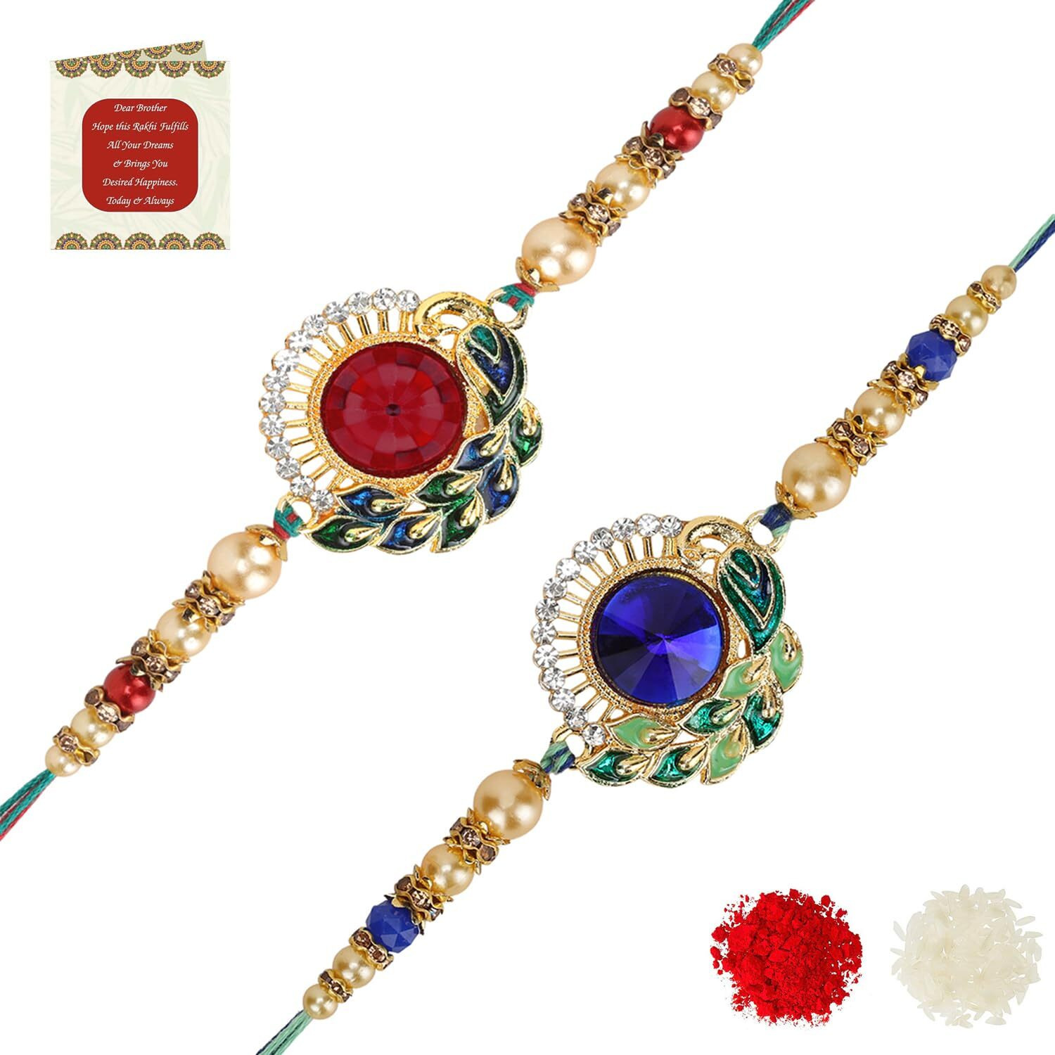 Riddhika Ventures Stylish Kundan And Ad Ring Rakhi (Set Of 2) (Bracelet) With Roli Chawal, Greeting Card And And One Motivational Keychain (K12K13K)