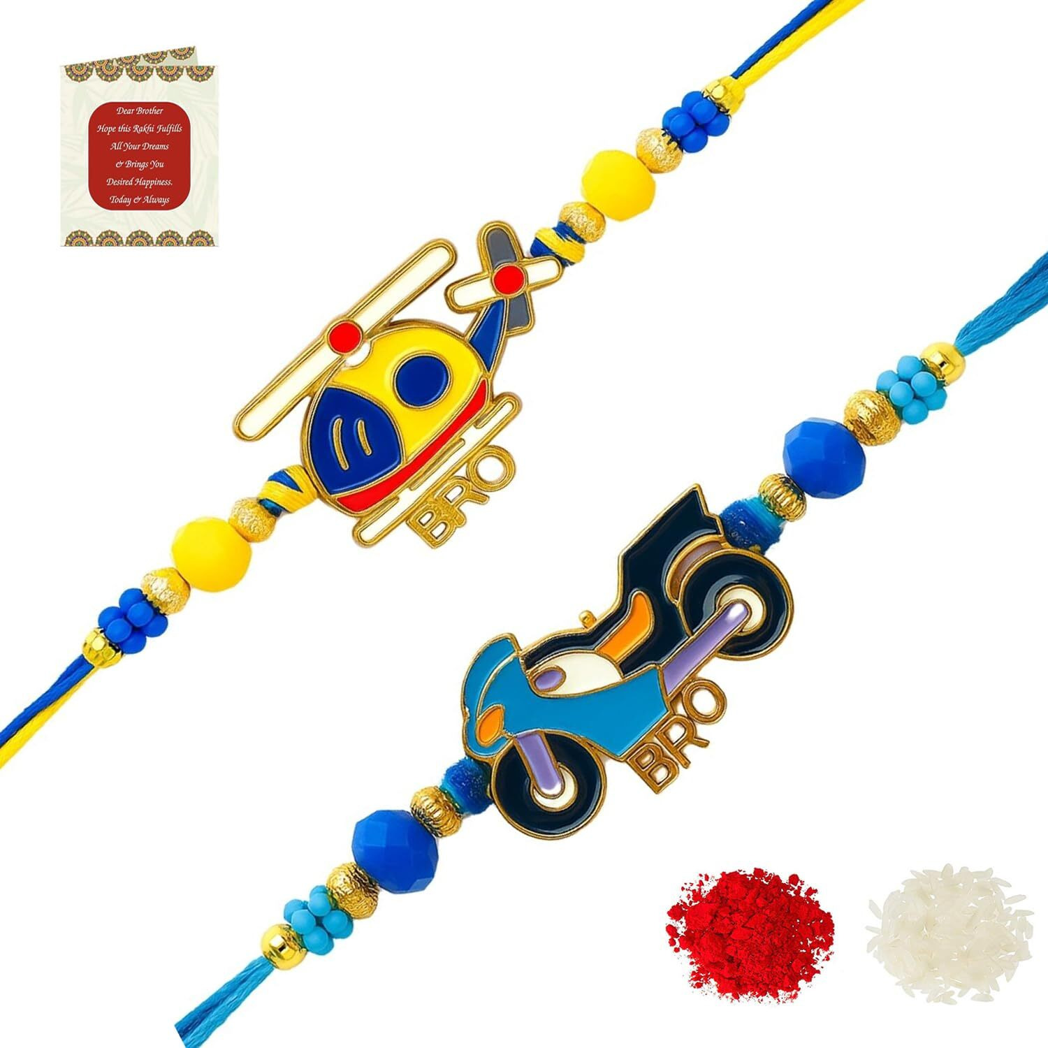 Riddhika Ventures Stylish Helicopter And Bike Kids Rakhi (Set Of 2) Gifts For Brother, Sister With Roli Chawal And Greeting Card (P20P21)