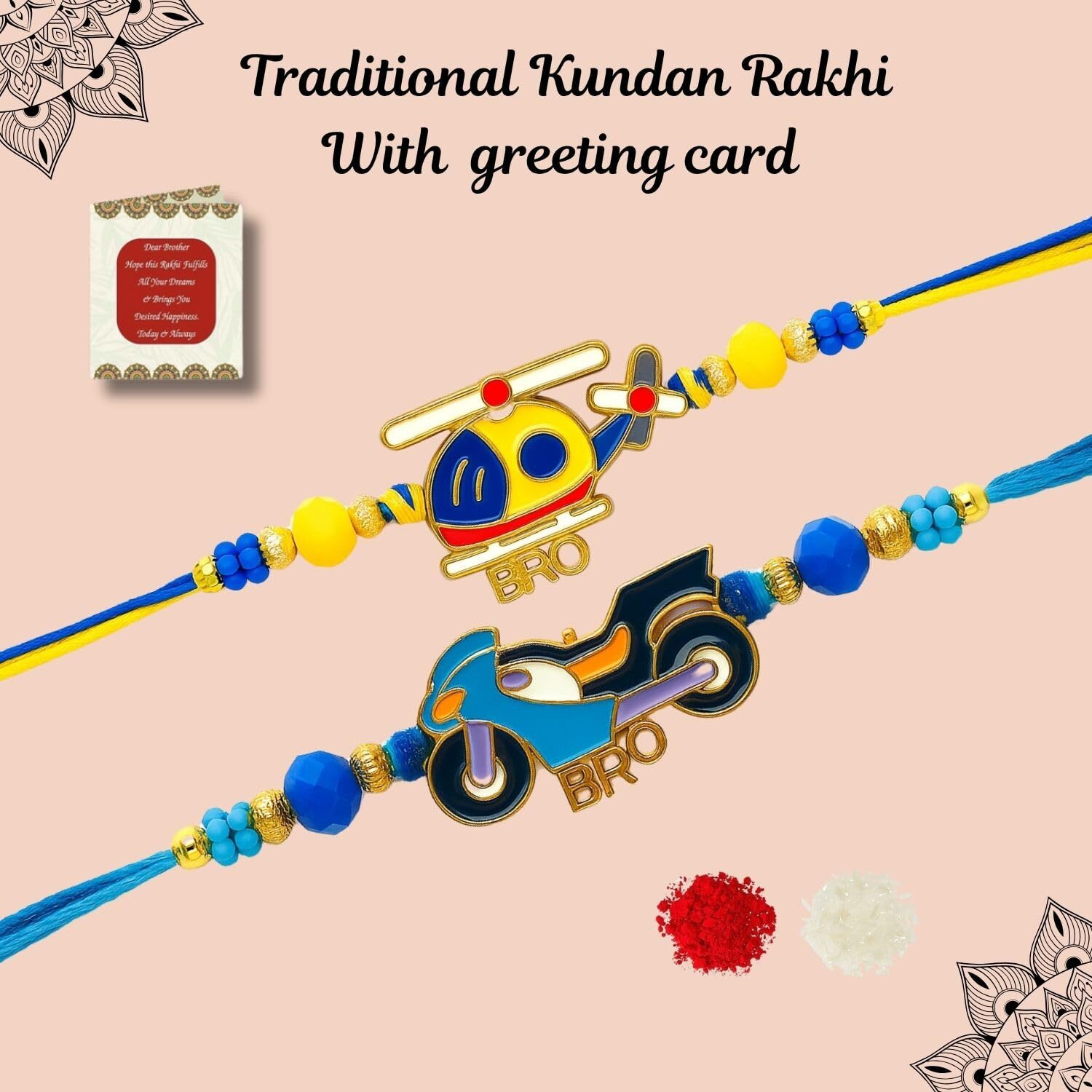 Riddhika Ventures Stylish Helicopter And Bike Kids Rakhi (Set Of 2) Gifts For Brother, Sister With Roli Chawal And Greeting Card (P20P21)