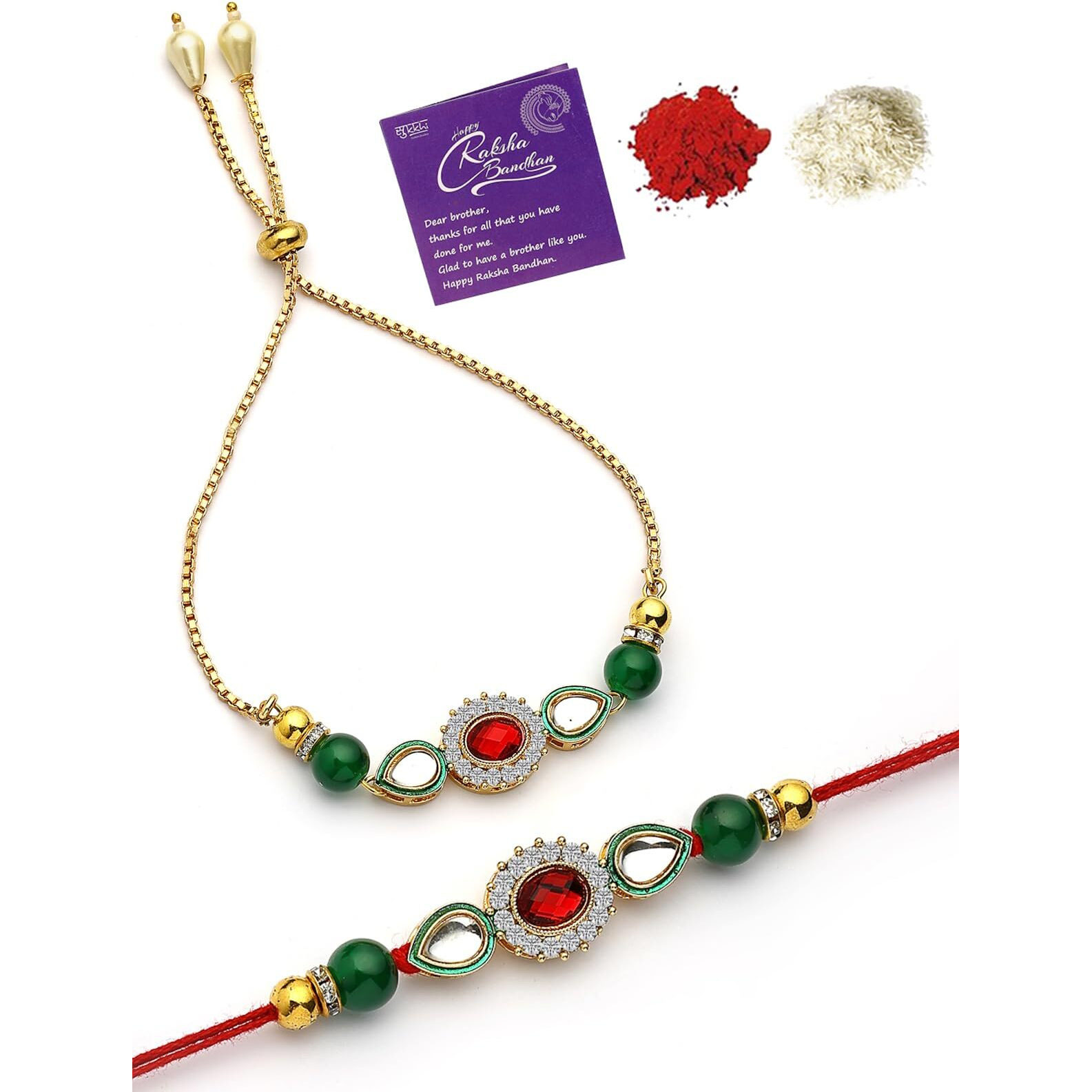 Sukkhi Rakhi Traditional Gold Plated Kundan With Beads Rakshabandhan Lumba Rakhi For Brotherd Bhaiya Bhabhi With Roli Chawal & Greeting Card|Set Of 2|Cbrakl107453