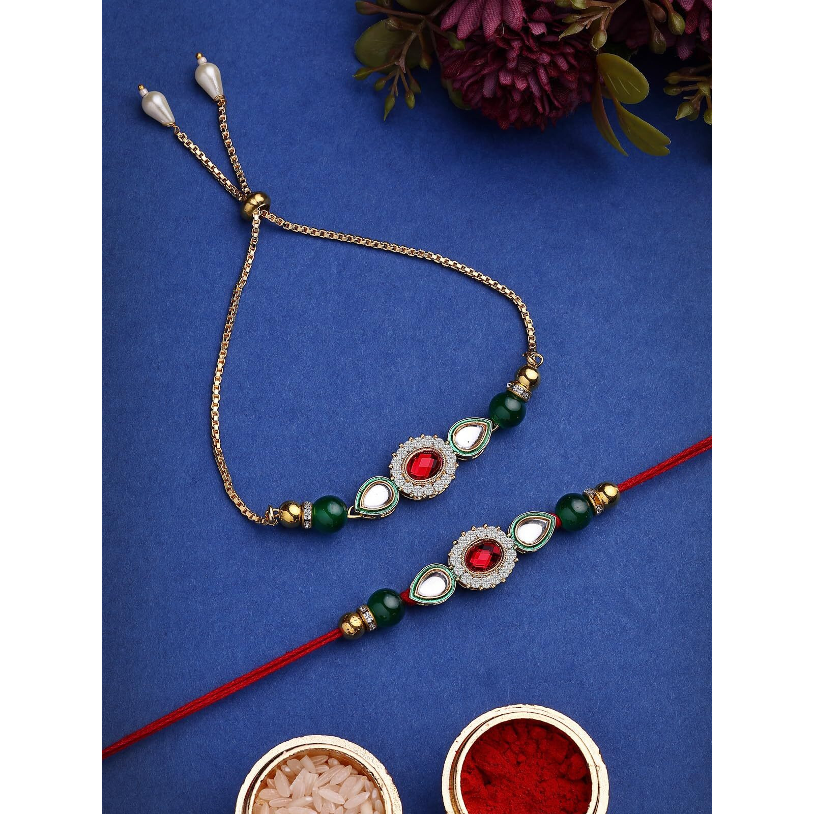 Sukkhi Rakhi Traditional Gold Plated Kundan With Beads Rakshabandhan Lumba Rakhi For Brotherd Bhaiya Bhabhi With Roli Chawal & Greeting Card|Set Of 2|Cbrakl107453