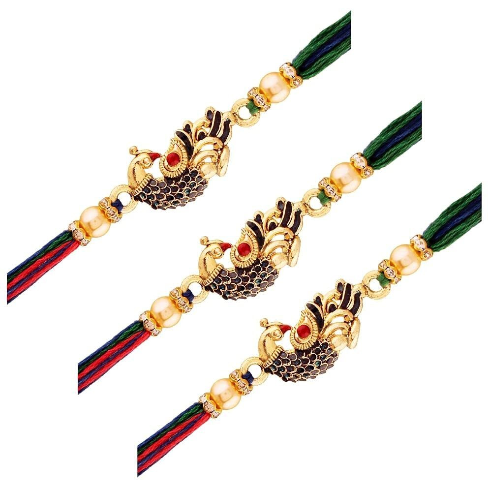 I Jewels Gold Plated Multi-Colour Peacock Rakhi For Men/Brother (R702-3) (Pack Of 3)