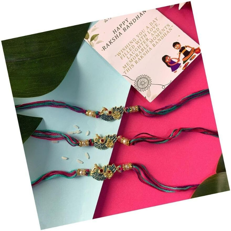 I Jewels Gold Plated Multi-Colour Peacock Rakhi For Men/Brother (R702-3) (Pack Of 3)