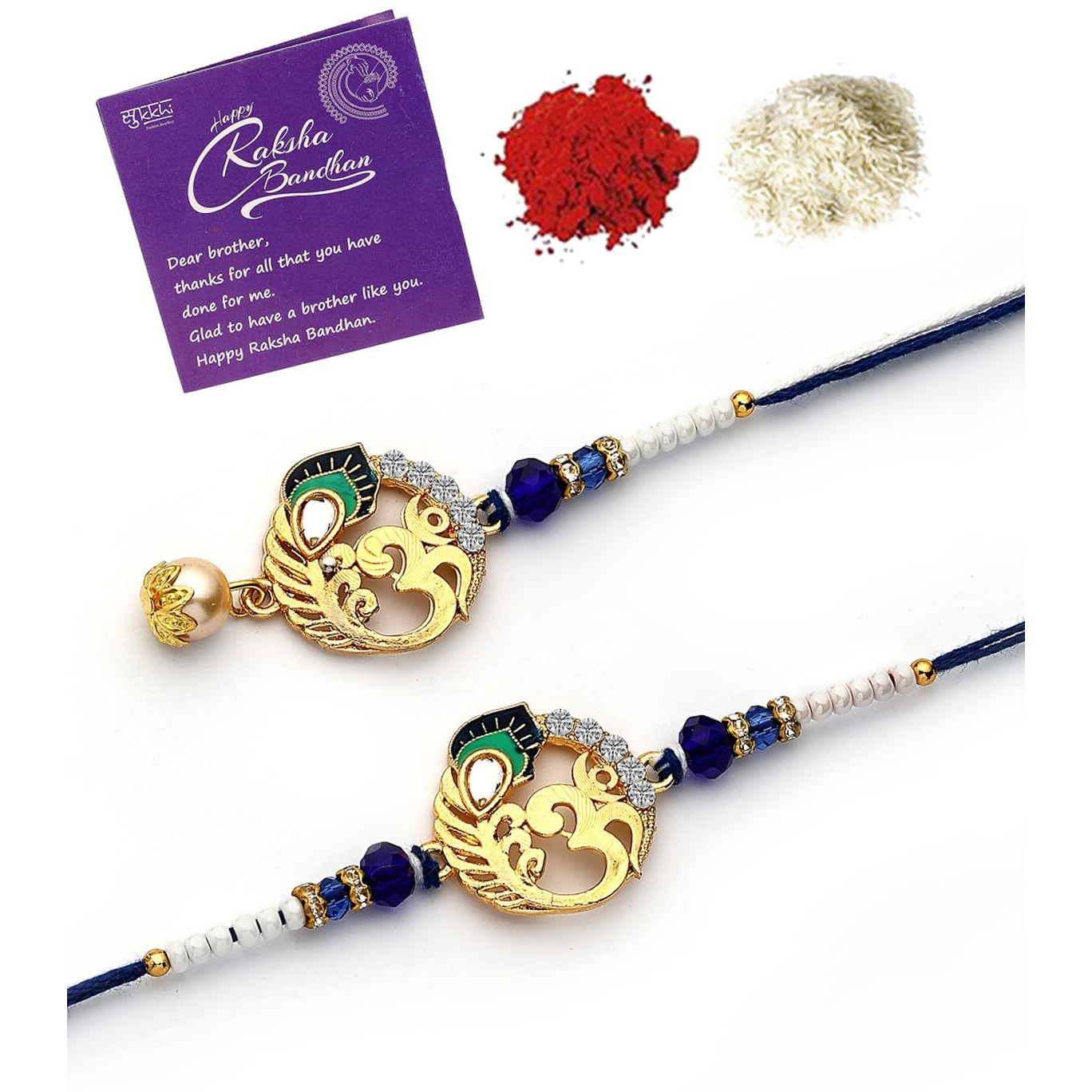 Sukkhi Rakhi Creative Gold Plated With Meenakari Handwork Om Rakshabandhan Lumba Rakhi For Brother Bhaiya Bhabhi With Roli Chawal & Greeting Card|Set Of 2|Cbrakl107454