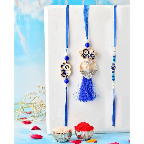 Craftvatika Evil Eye Rakhi Set Of 3 For Brother Bhabhi Kids, Rakhi Set Of 3 For Bhaiya Bhabhi Kids, Rakhis For Men Women, Evil Eye Lumba, Elephant Rakhis For Kid With Best Wishes Card