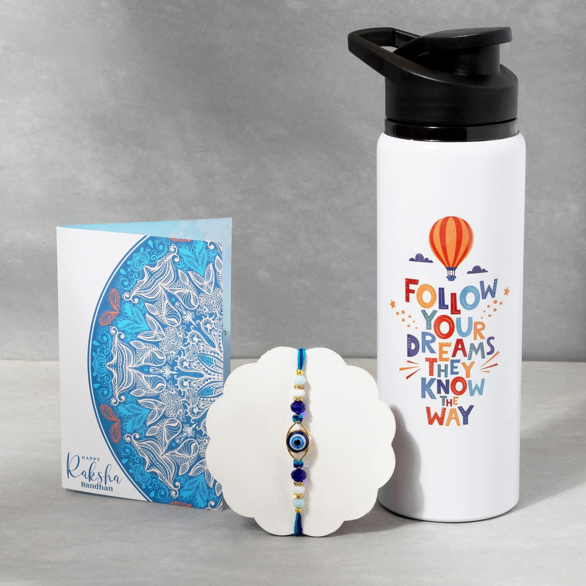 To The Nines Rakhi Gift Set For Brother Gift Combo - Rakhi With Sipper Bottle, Tilak Material And Greeting Card