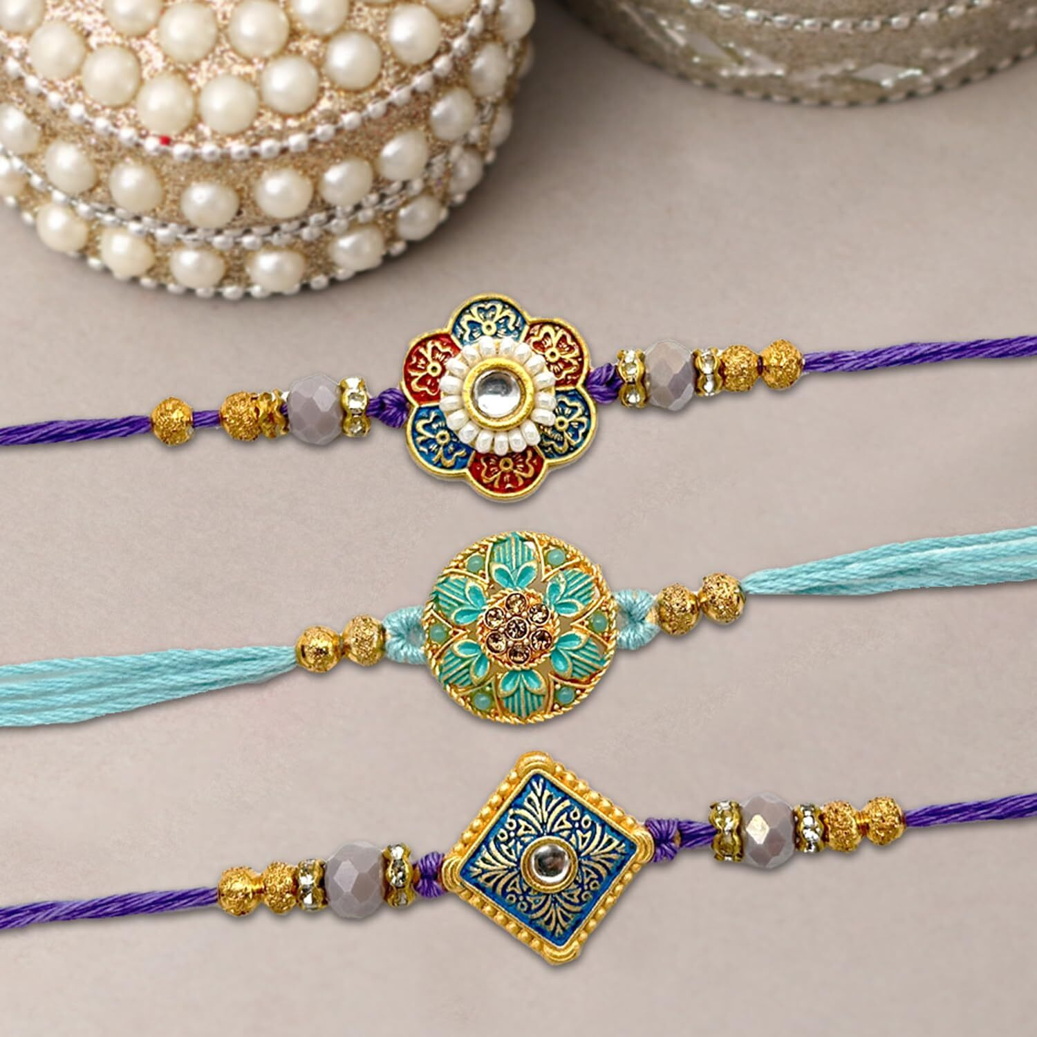 The Purple Tree Men's Meenakari Kundan Rakhis For Brother With Roli Chawal And Card (Pack Of 3) Rakhi For Bhai, Rakshabandhan Gift For Brother, Rakhi Gift
