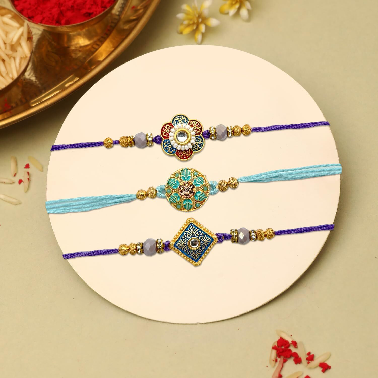 The Purple Tree Men's Meenakari Kundan Rakhis For Brother With Roli Chawal And Card (Pack Of 3) Rakhi For Bhai, Rakshabandhan Gift For Brother, Rakhi Gift