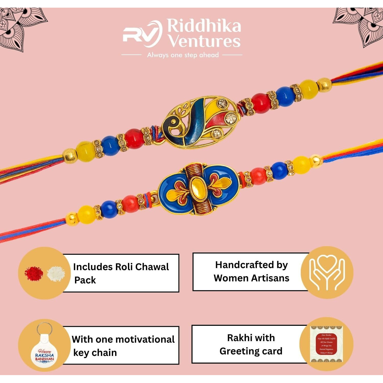 Riddhika Ventures Elegant Gold Plated Meenakari Rakhi (Set Of 2) With Roli Chawal, Greeting Card And And One Motivational Keychain (A1B1K)