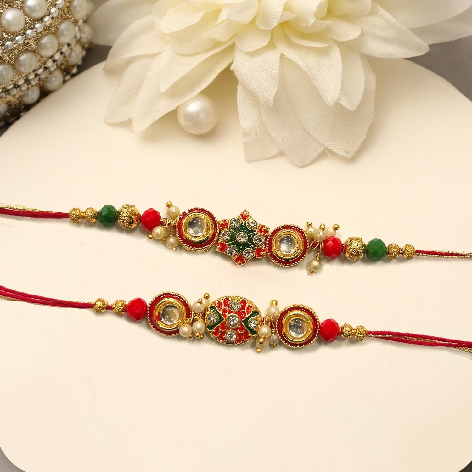 The Purple Tree Red Kundan And Stone Rakhis For Men With Roli Chawal And Card (Pack Of 2) Rakhi For Bhai, Rakshabandhan Gift For Brother, Rakhi Gift