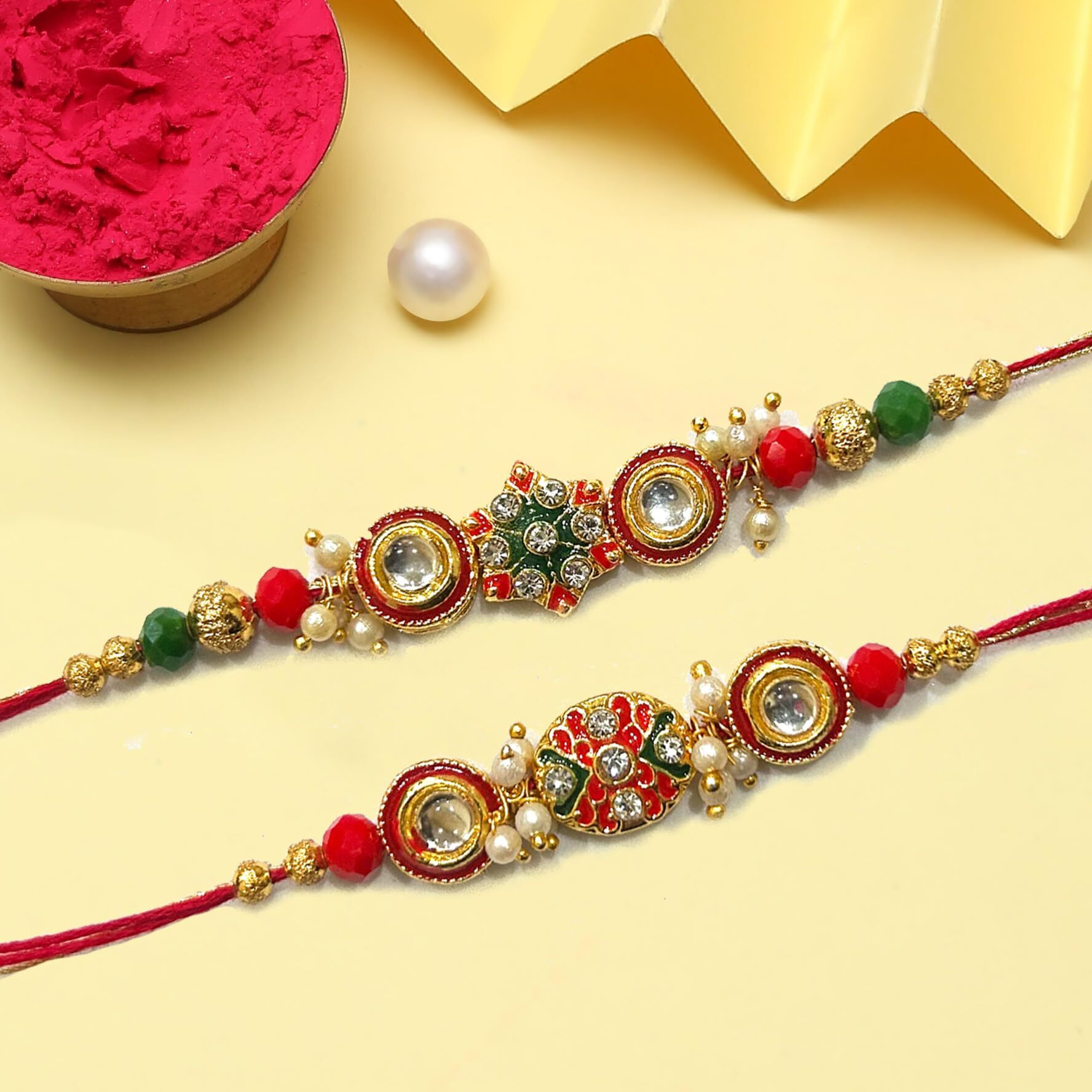 The Purple Tree Red Kundan And Stone Rakhis For Men With Roli Chawal And Card (Pack Of 2) Rakhi For Bhai, Rakshabandhan Gift For Brother, Rakhi Gift