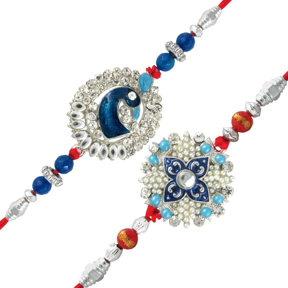 Mahi Combo Of Two Blue Rakhis With Pearls & Meenakari Work For Mens Co1104267R