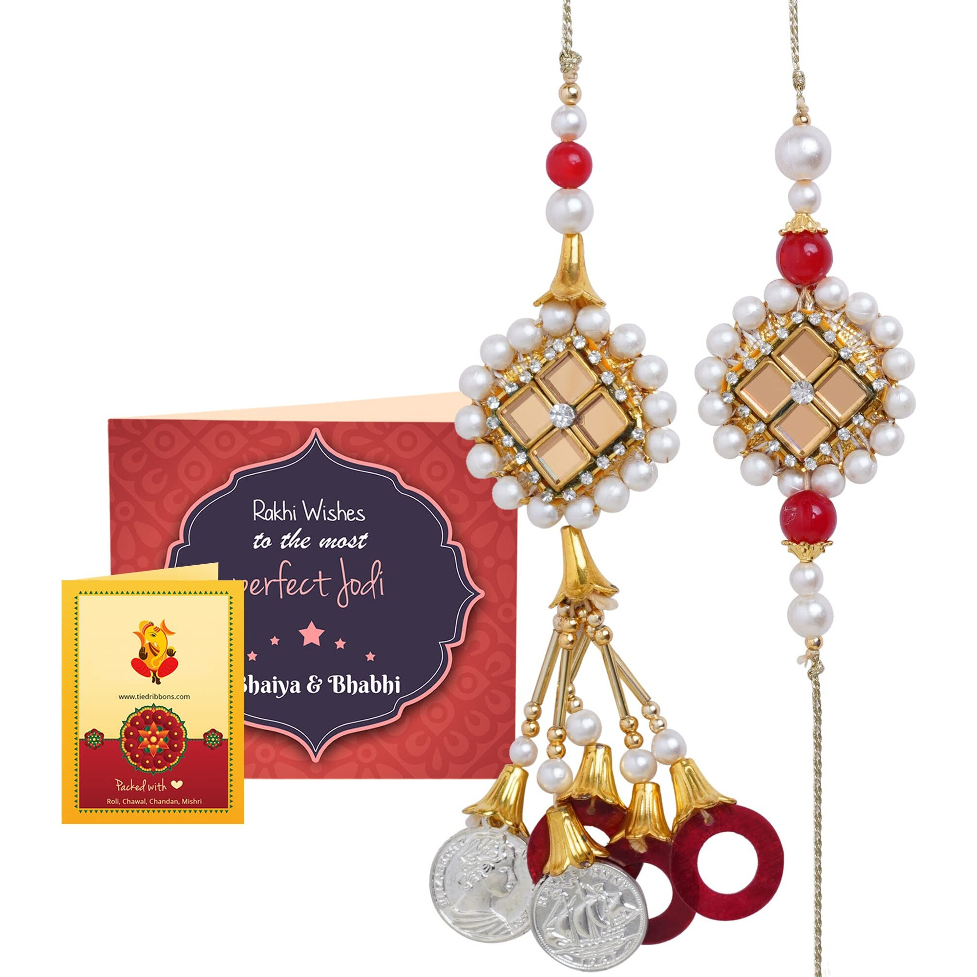 Tied Ribbons Rakhi For Brother And Bhabhi - Designer Lumba Rakhi Set For Bhaiya Bhabhi With Rakshabandhan Special Card