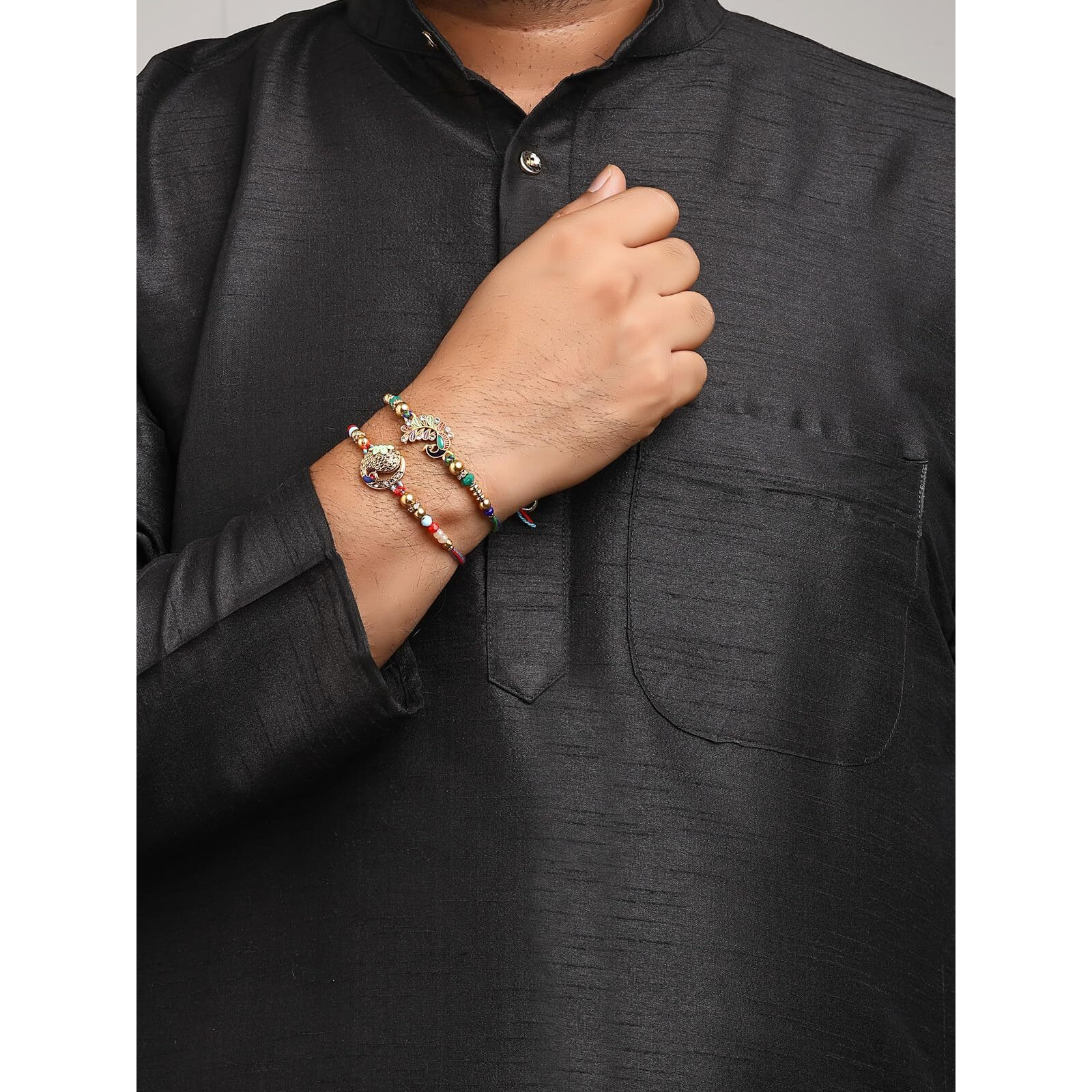 Sukkhi Rakhi For Brother Ethnic Multicolor Meenakari Work & Ad Stones Studded Gold Plated Peacock Combo With Roli Chawal & Greeting Card|Rakshabandhan|Set Of 2|Cbrak107573