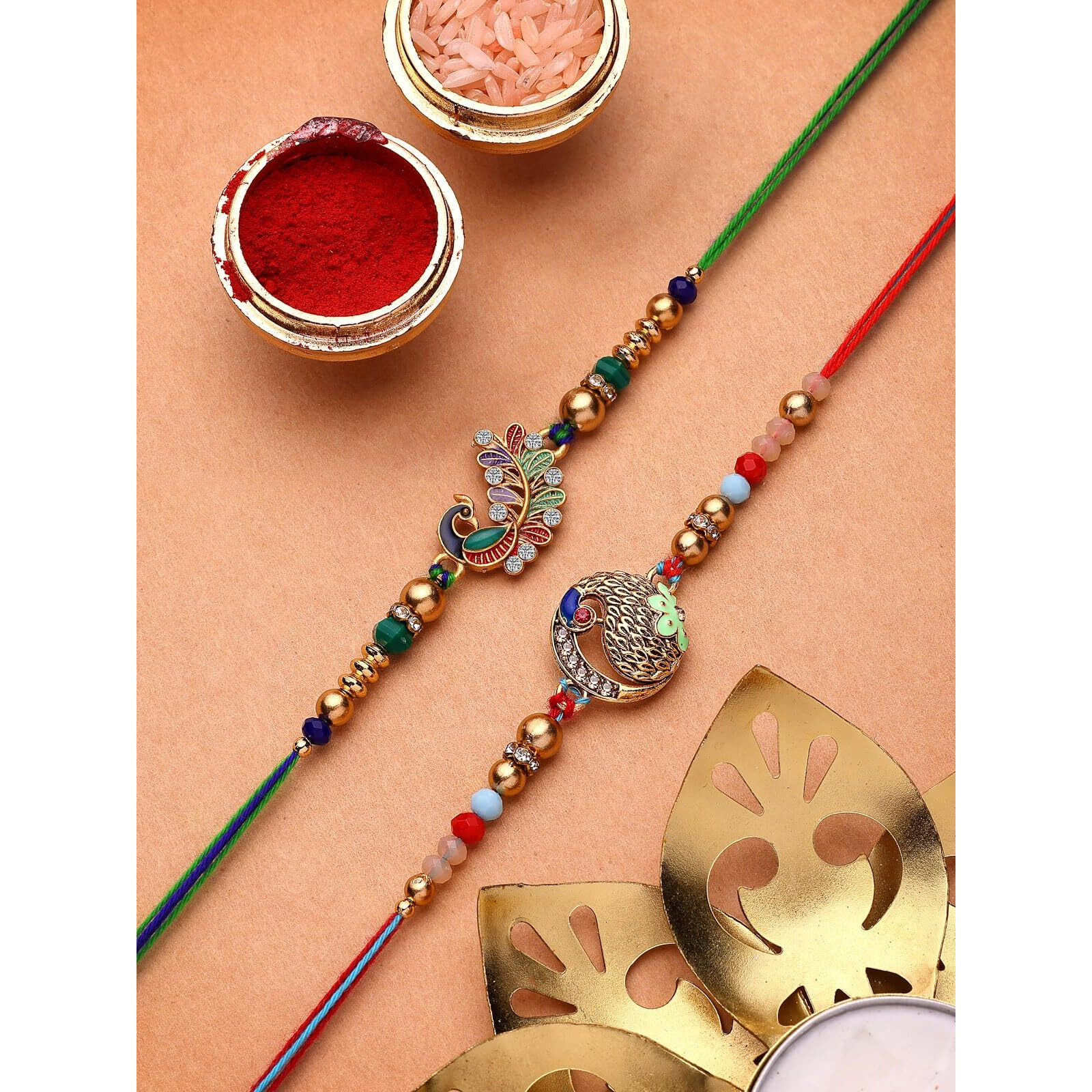 Sukkhi Rakhi For Brother Ethnic Multicolor Meenakari Work & Ad Stones Studded Gold Plated Peacock Combo With Roli Chawal & Greeting Card|Rakshabandhan|Set Of 2|Cbrak107573