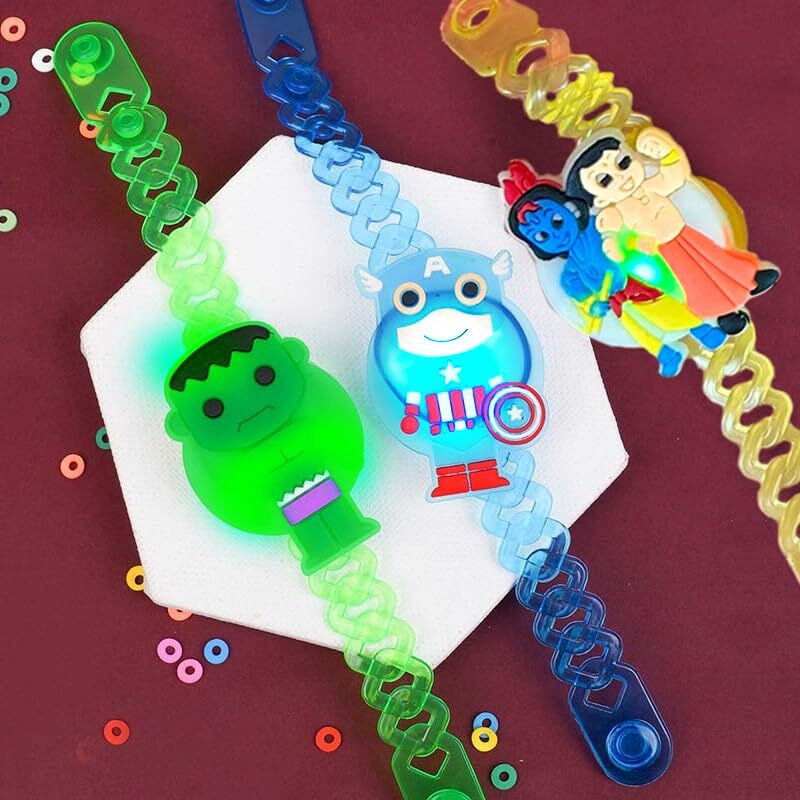 Tied Ribbons Kids Rakhi For Boys Girls - Pack Of 3 Led Rakhi For For Kids Brother Cartoon Rakhi With Card And Roli Chawal (Multicolor)