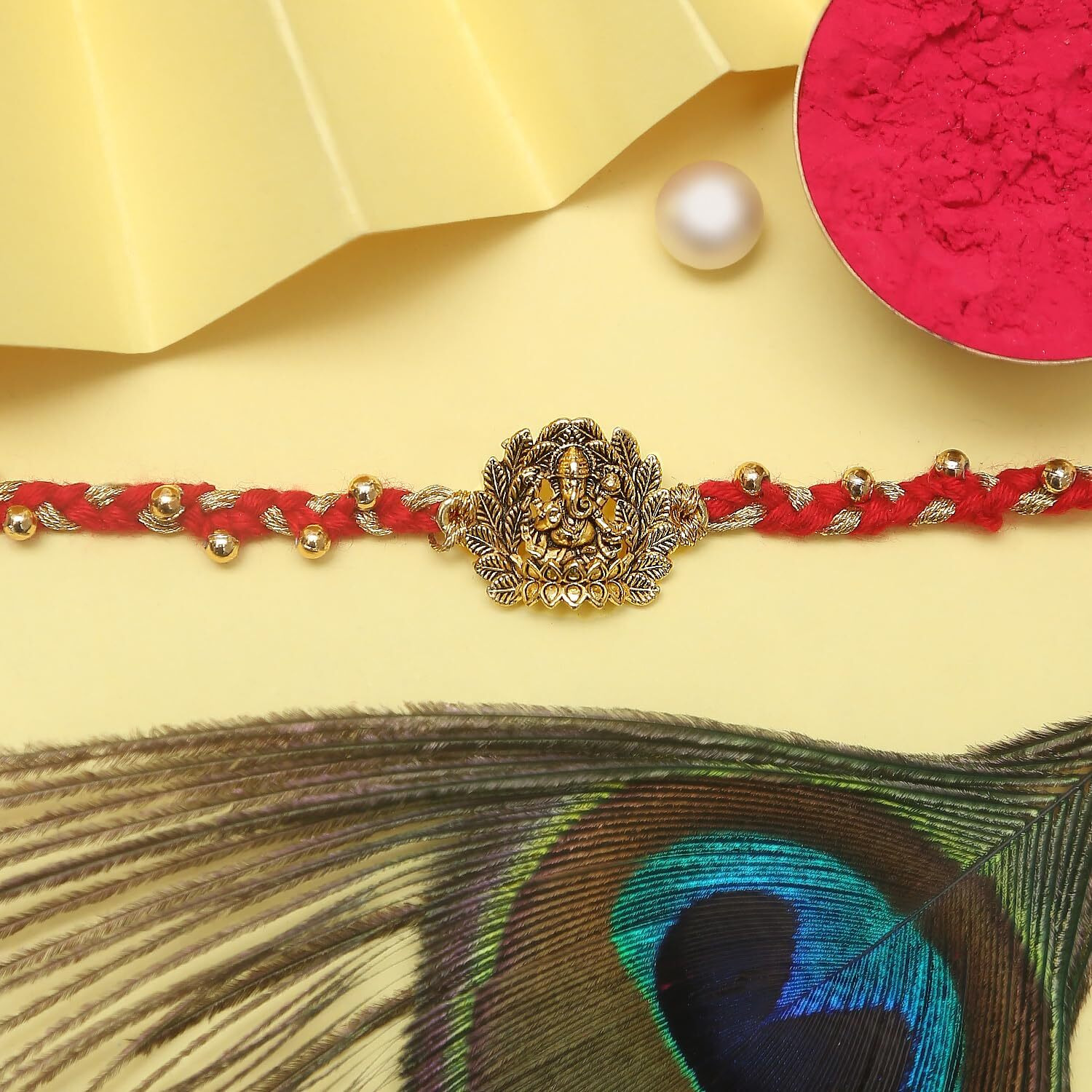 The Purple Tree Golden Ganesha Rakhis For Brother With Roli Chawal And Card (Pack Of 1) Rakhi For Men, Rakshabandhan Gift For Brother, Rakhi Gift, Rakhi With Beaded Thread String